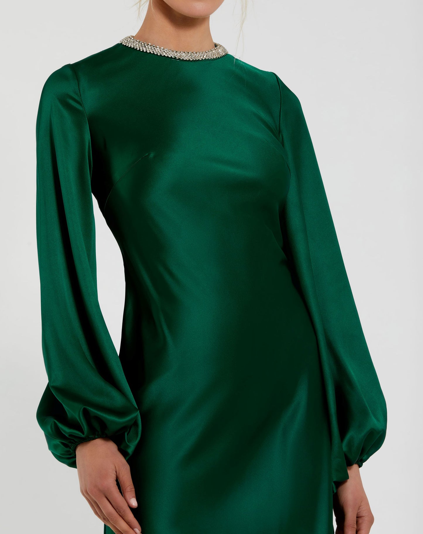 Petite Green High Neck Long Sleeve Crystal Detail Dress - Ieena for Mac Duggal