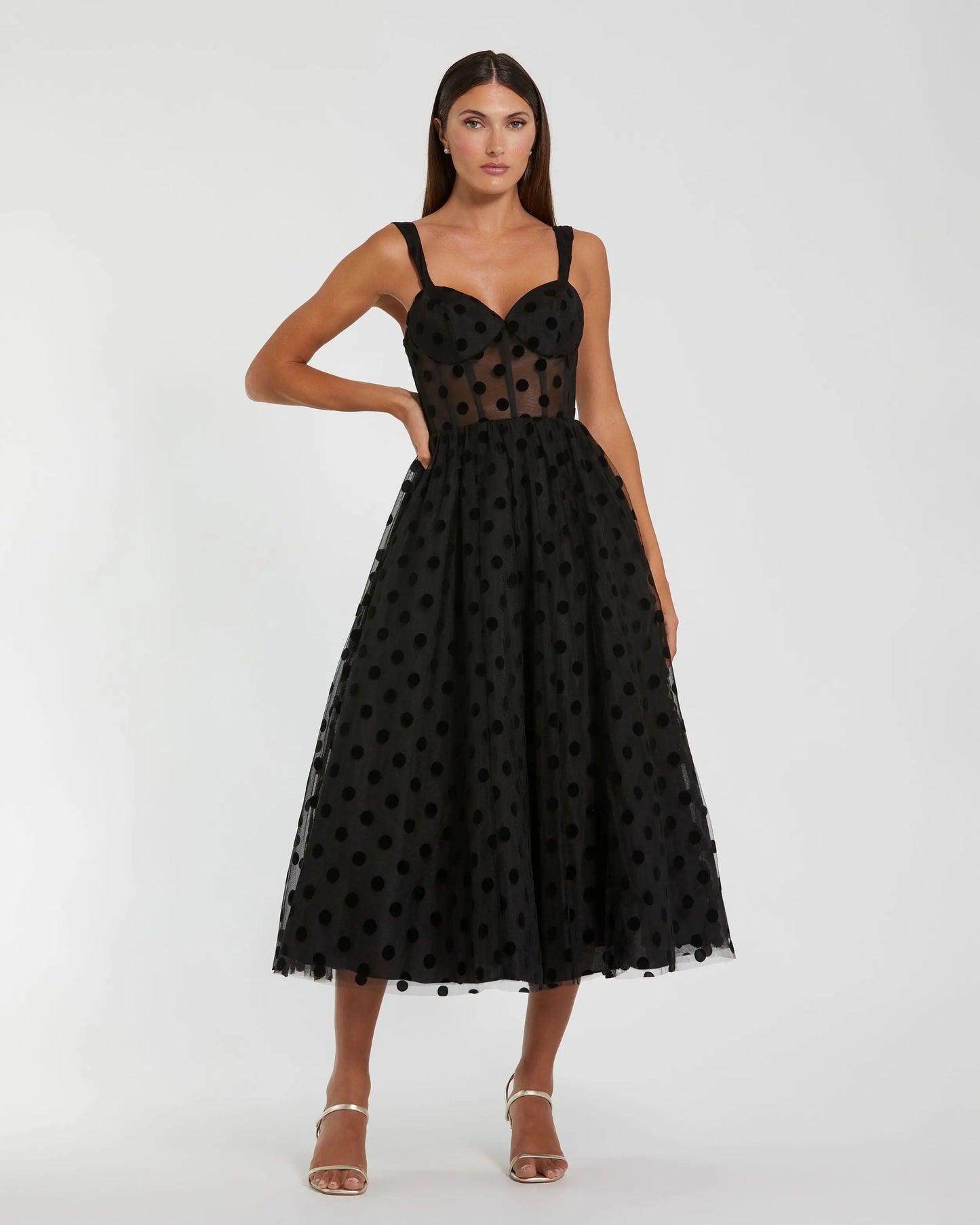 Black Petite Polka Dot Net Bustier A-Line Midi Dress Mac Duggal
