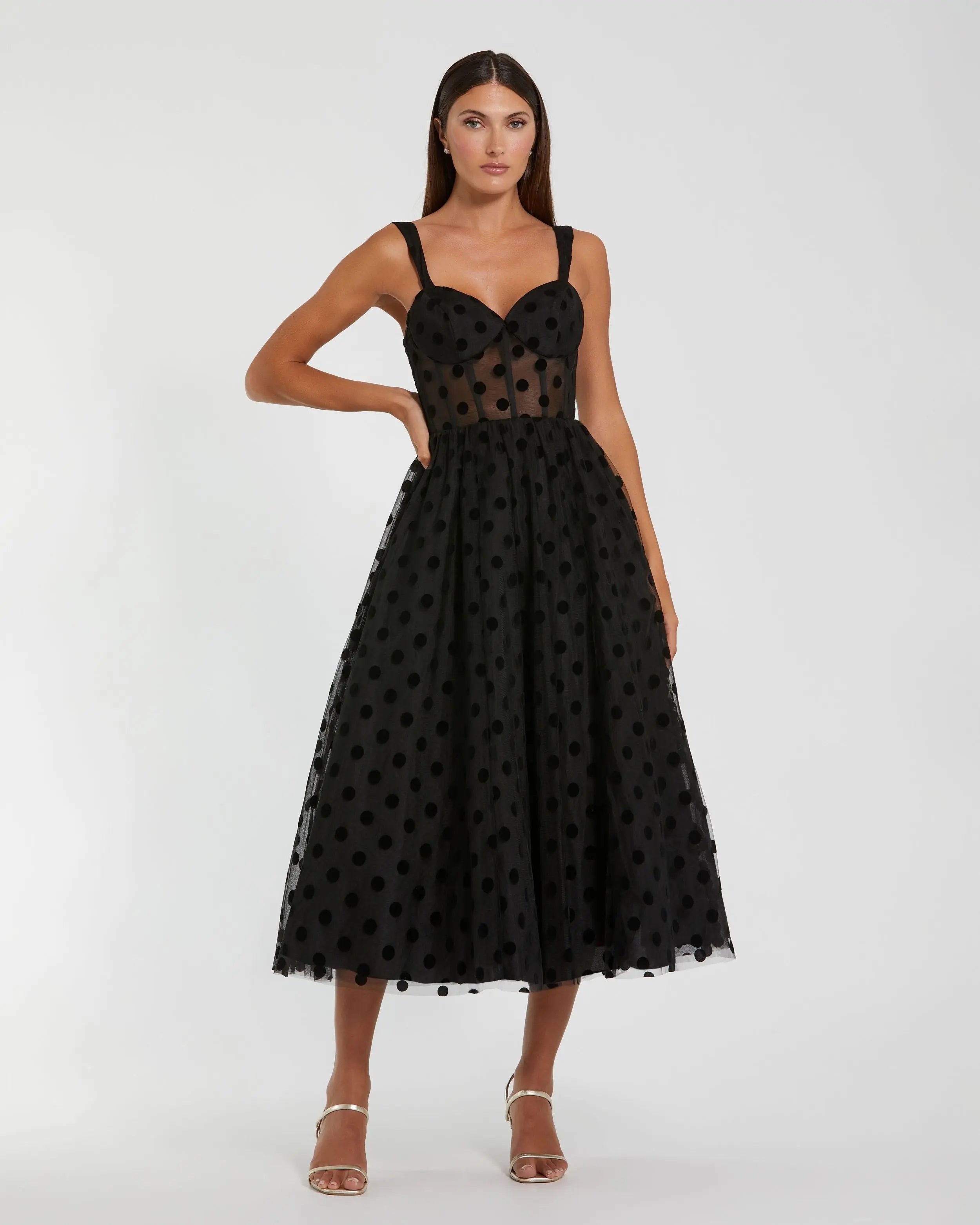 Black Petite Polka Dot Net Bustier A-Line Midi Dress Mac Duggal