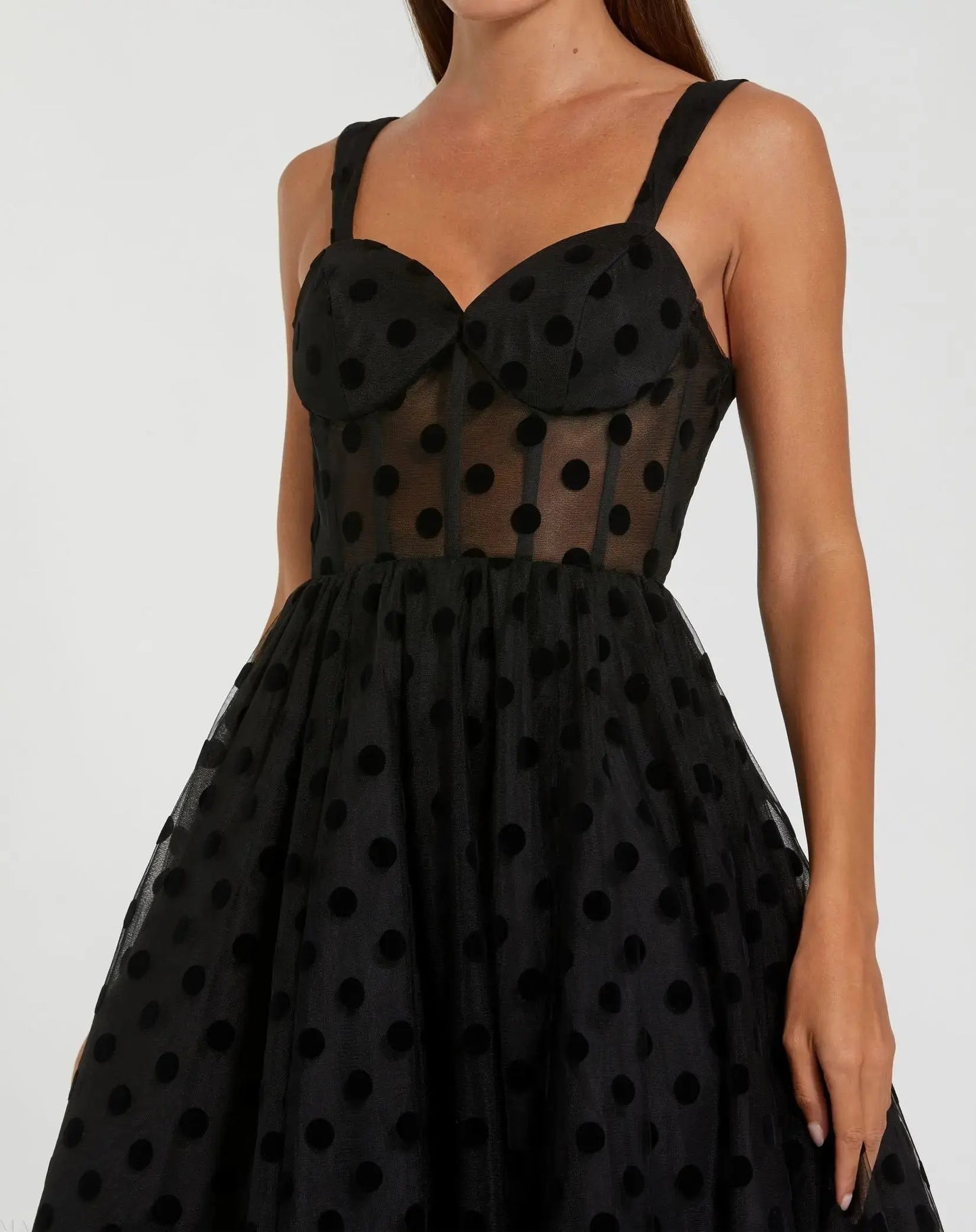 Black Petite Polka Dot Net Bustier A-Line Midi Dress Mac Duggal