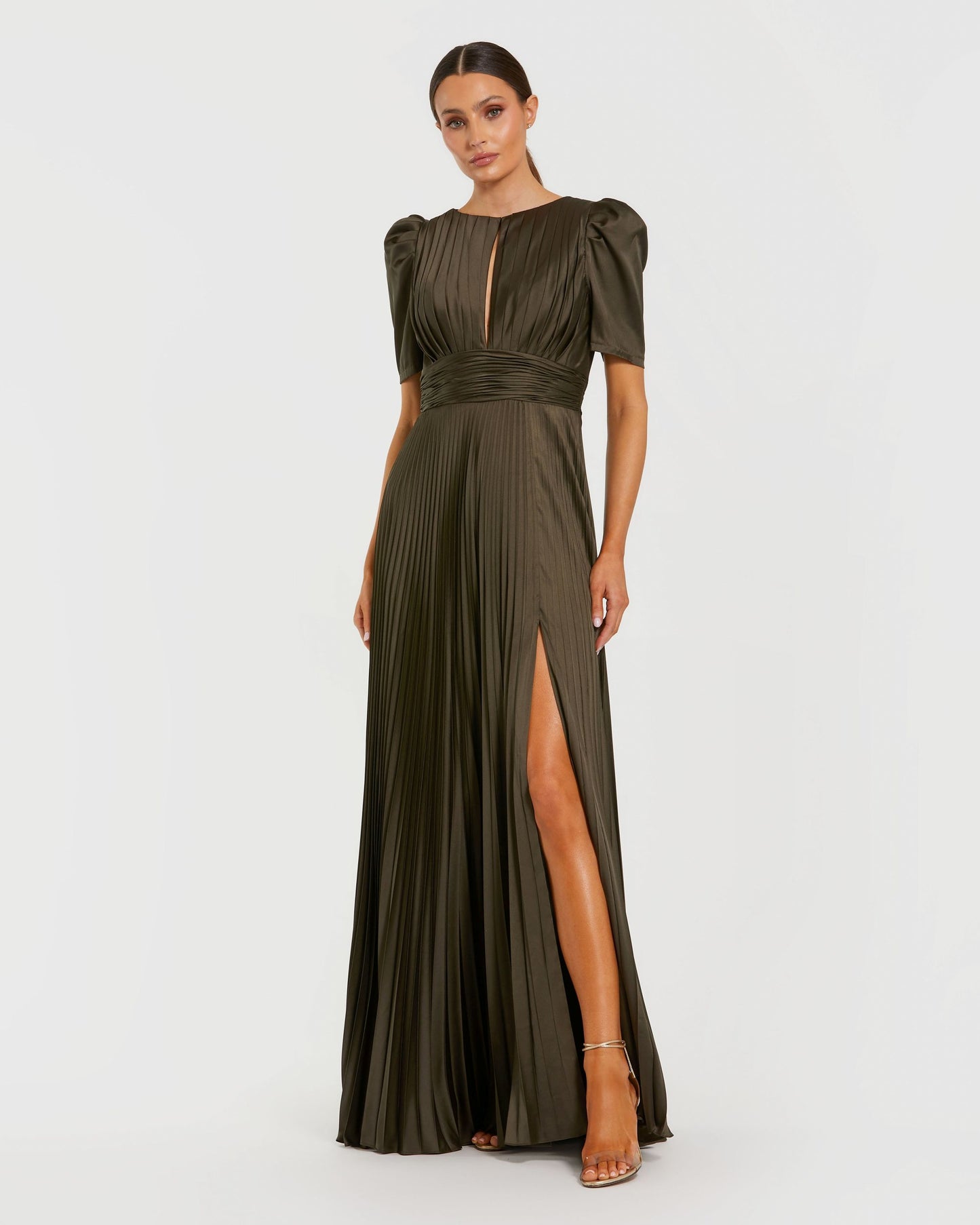 Petite Dark Green Pleated Charmeuse Puff Sleeve Evening Gown With Slit - Ieena for Mac Duggal