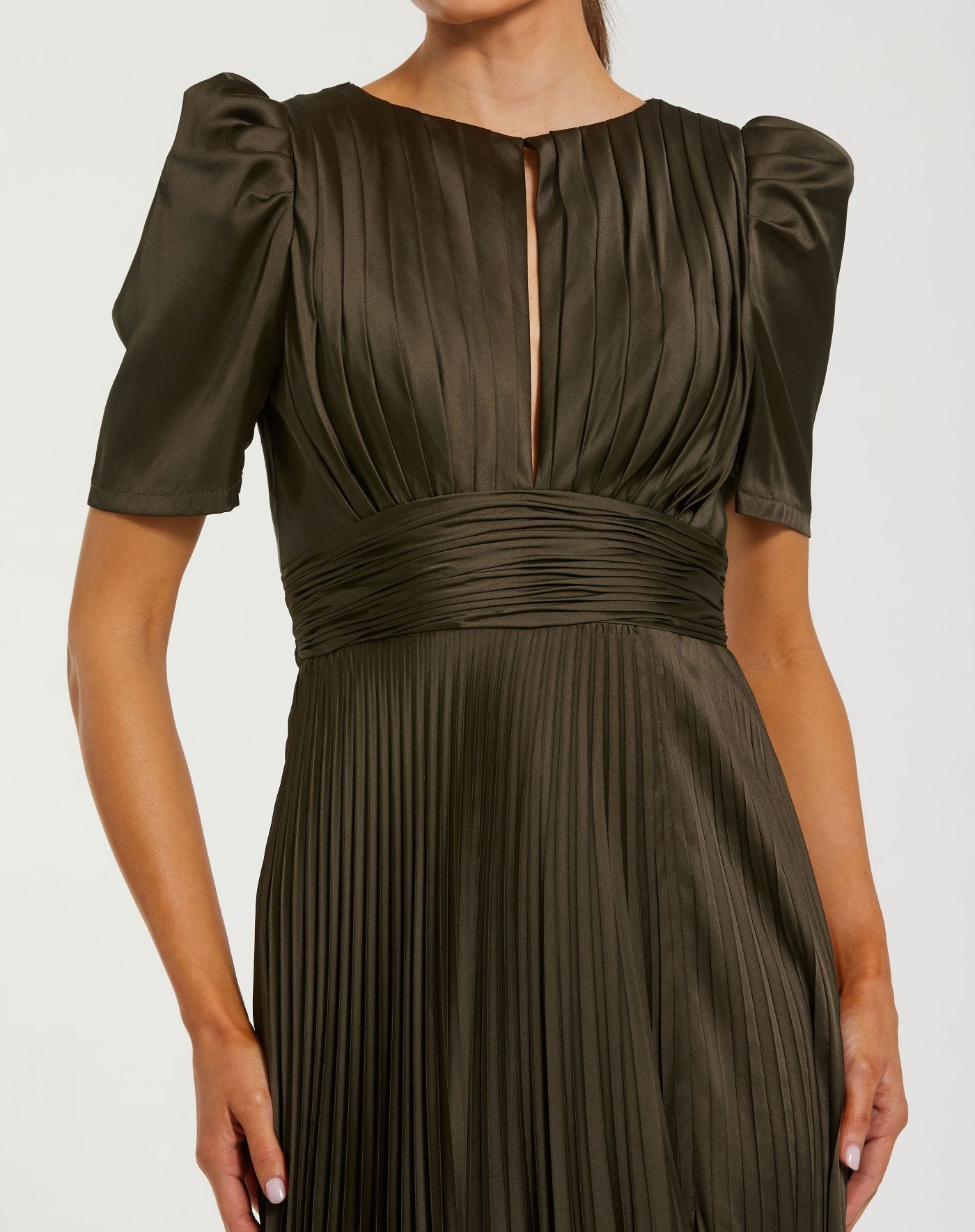 Petite Dark Green Pleated Charmeuse Puff Sleeve Evening Gown With Slit - Ieena for Mac Duggal