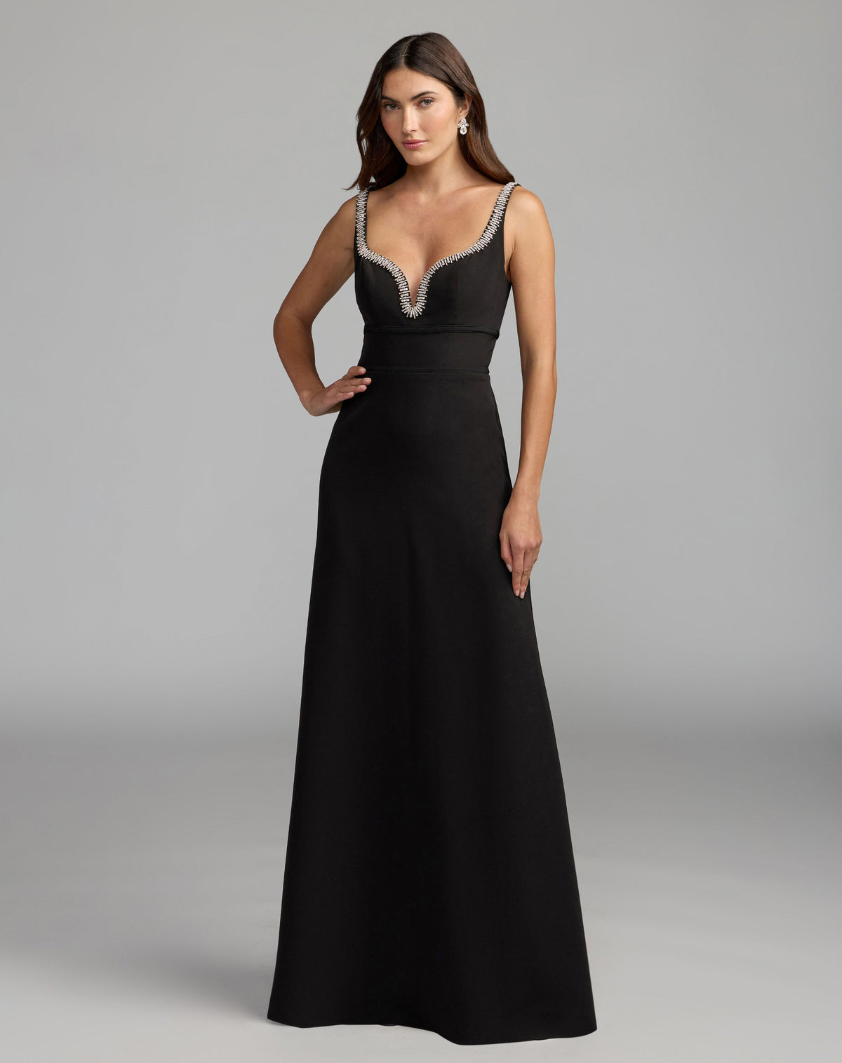 Petite Black Crepe A-Line Gown With Rhinestone Trim - Ieena for Mac Duggal