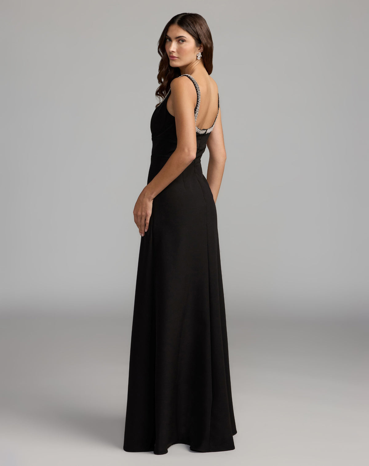 Petite Black Crepe A-Line Gown With Rhinestone Trim - Ieena for Mac Duggal
