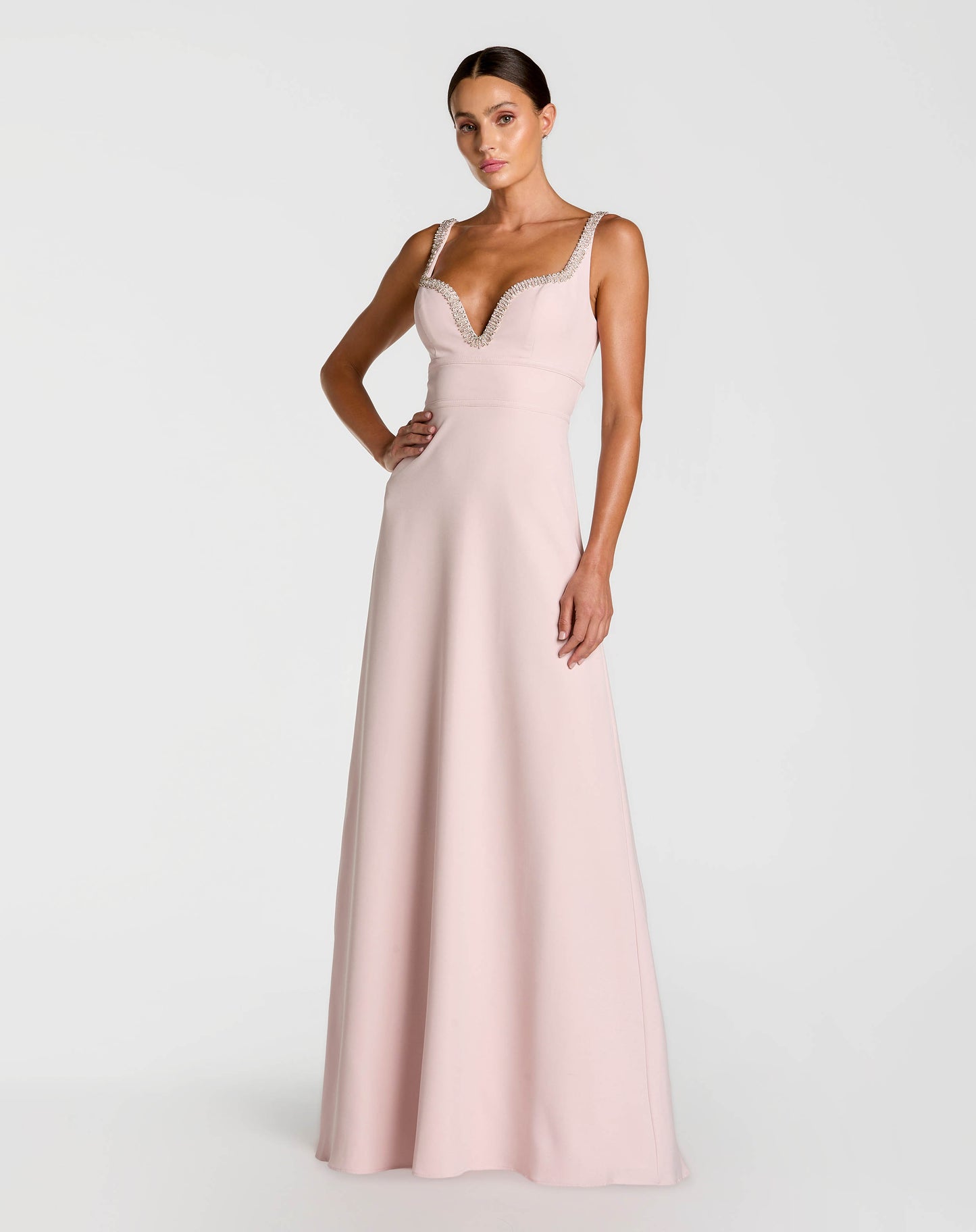 Petite Light Pink Crepe A-Line Gown With Rhinestone Trim Ieena for Mac Duggal