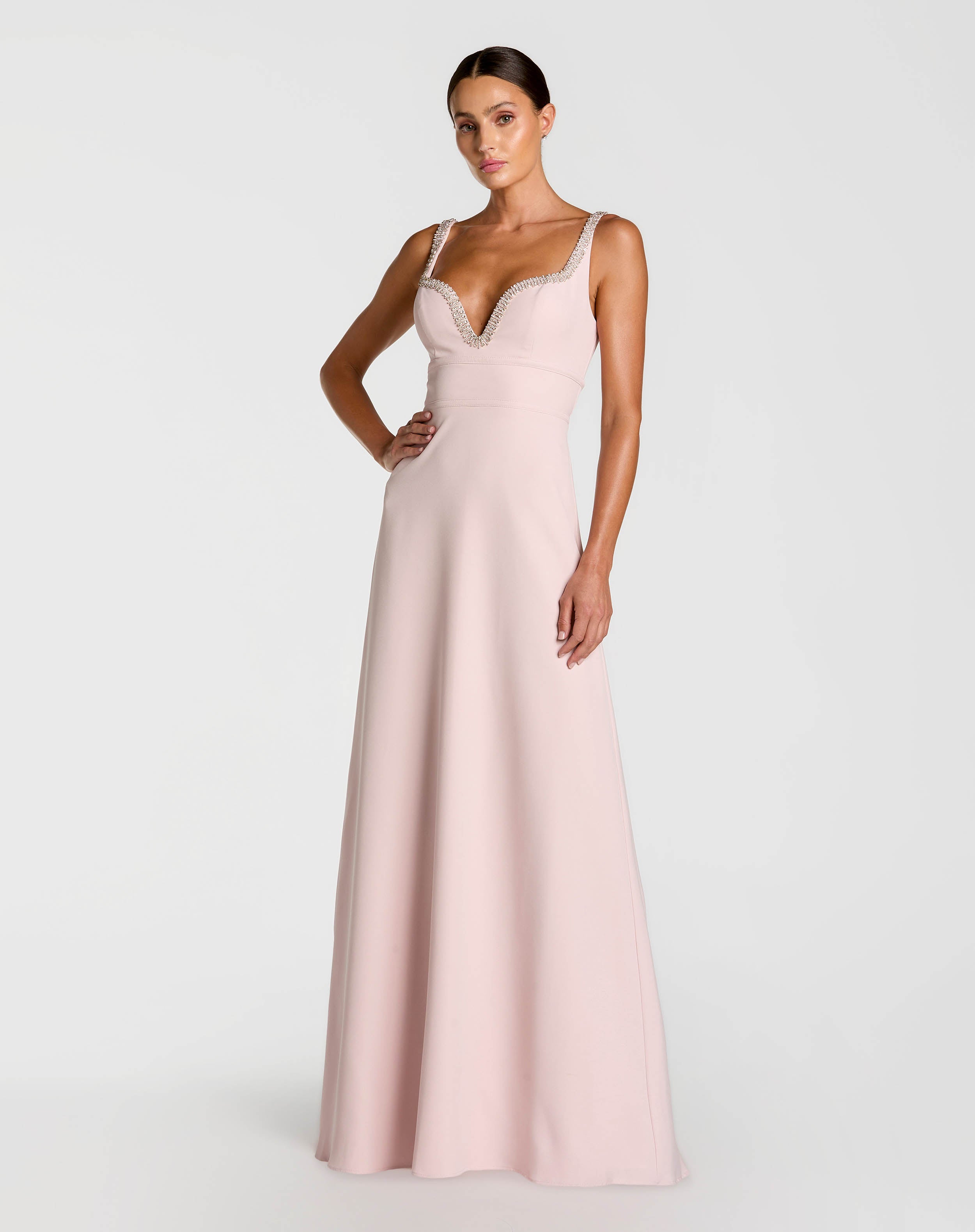 Petite Light Pink Crepe A-Line Gown With Rhinestone Trim Ieena for Mac Duggal