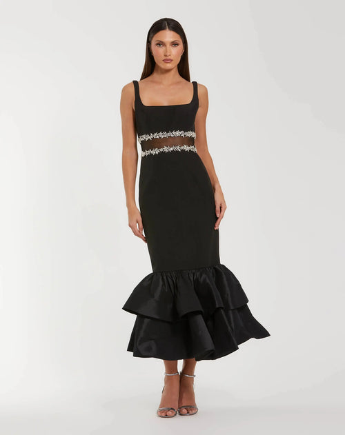 Black Petite Crepe Ruffle Hem Midi Dress With Beading Detail Mac Duggal