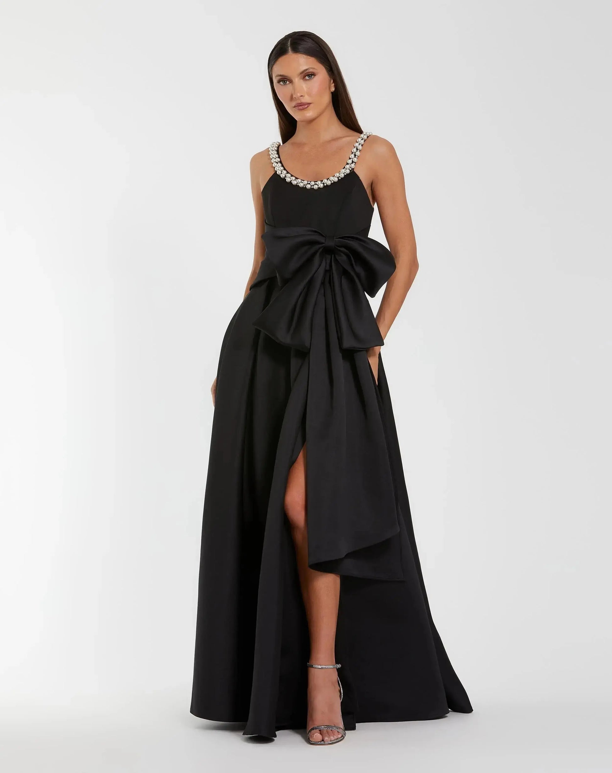 Mac Duggal Petite Satin Gown With Pearl Neckline and Bow Detail - Black Mac Duggal Petite Satin Gown With Pearl Neckline and Bow Detail - Black