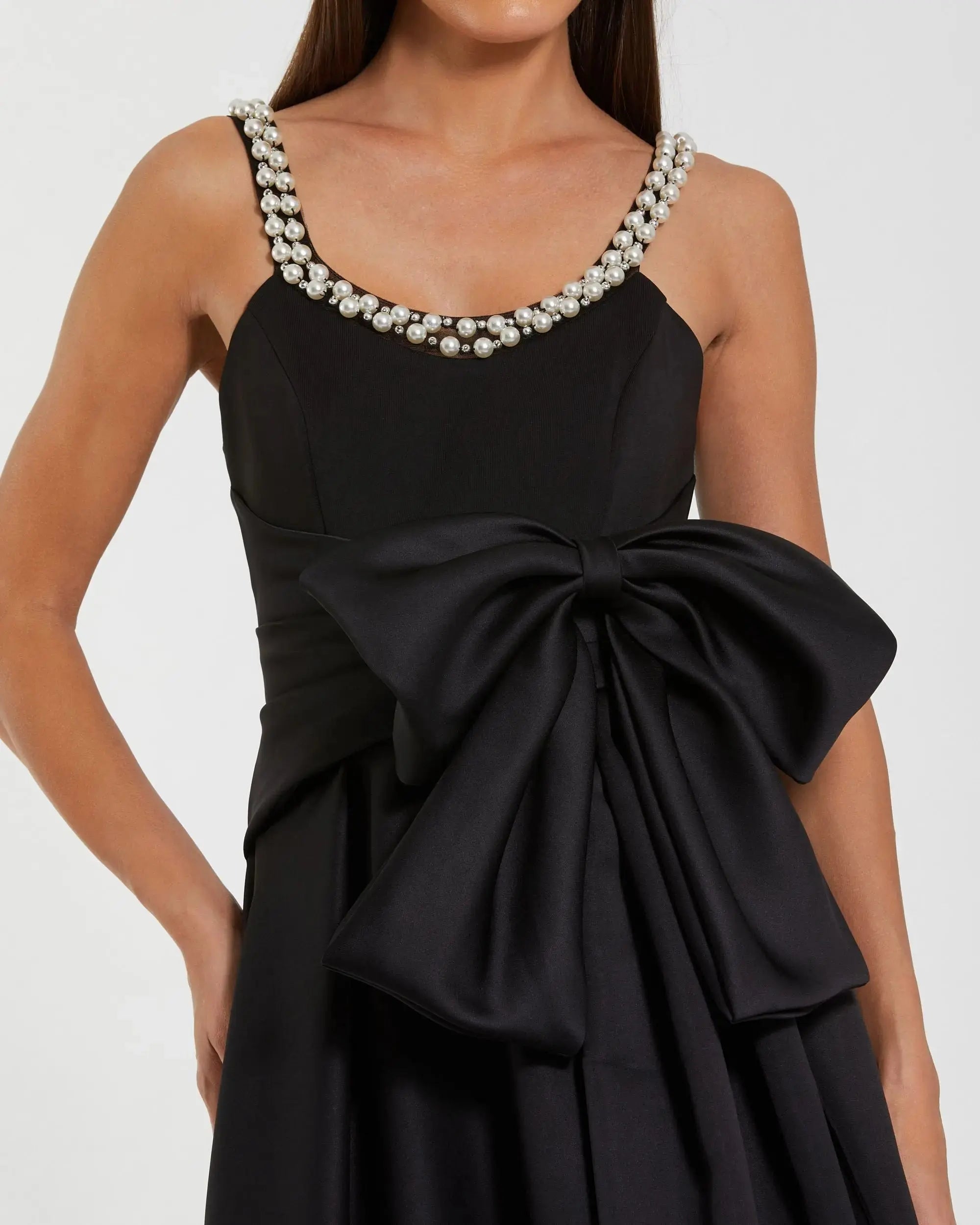 Black Petite Satin Gown With Pearl Neckline and Bow Detail Mac Duggal