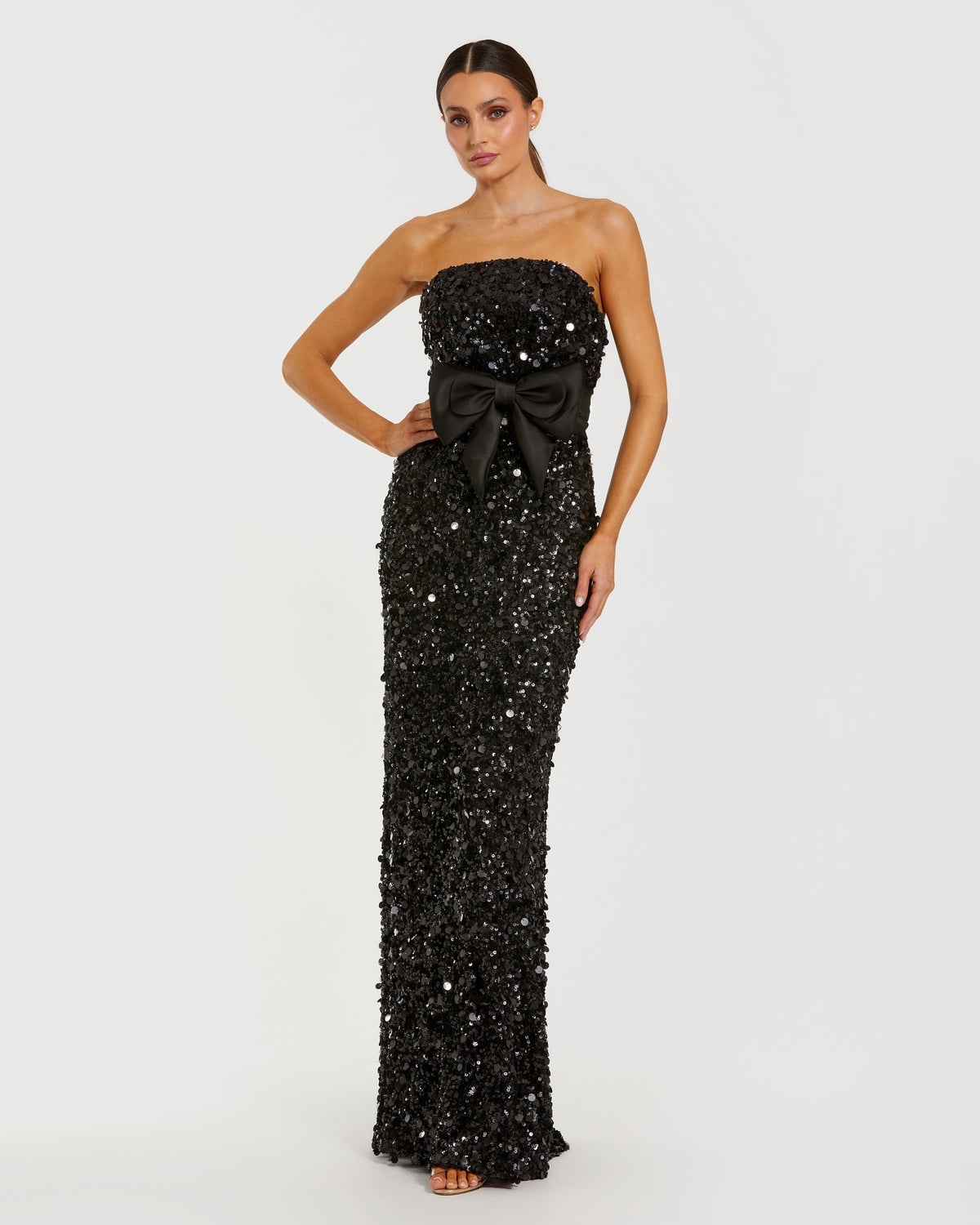 Petite Black Strapless Sequin Evening Gown With Bow - Ieena for Mac Duggal