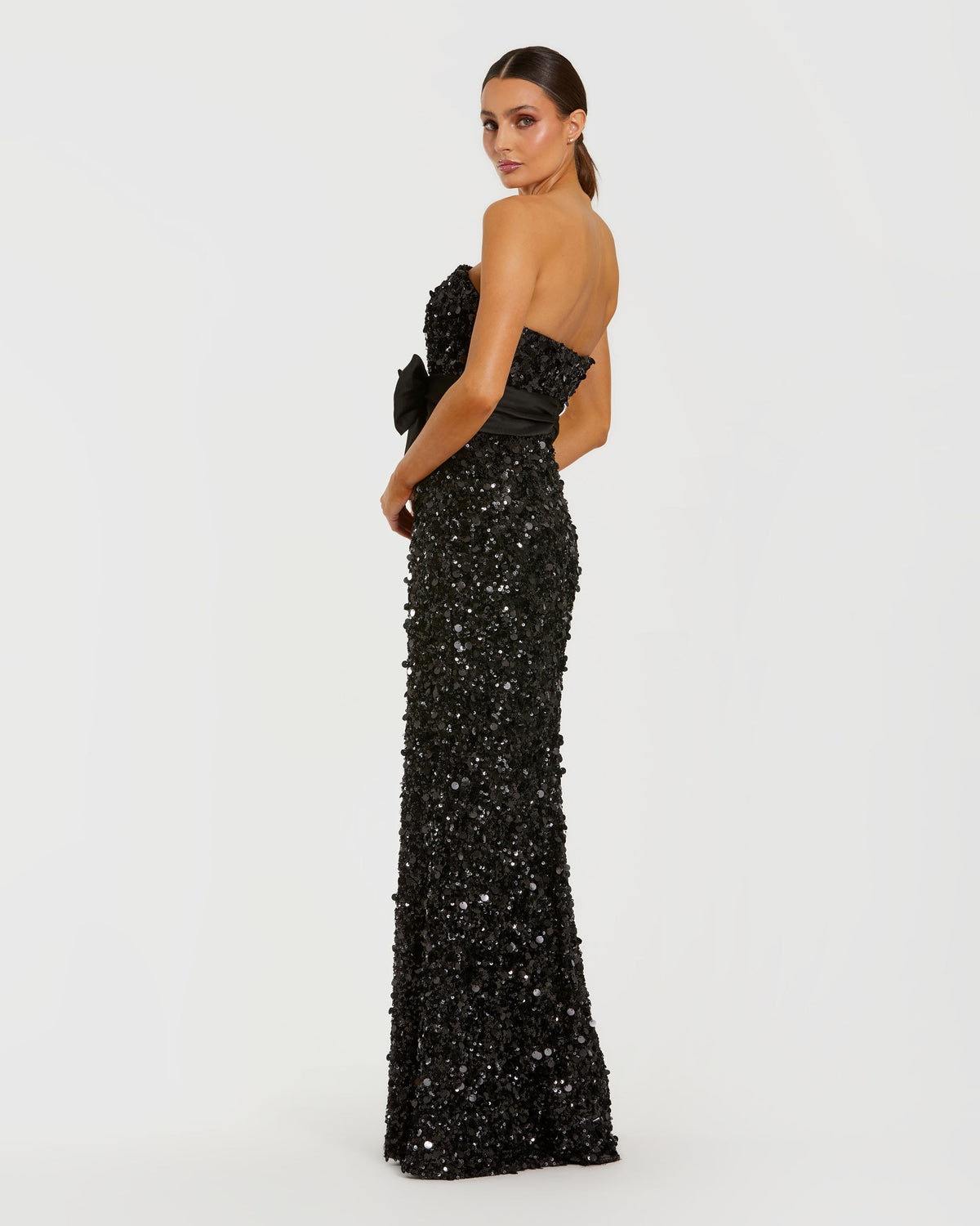 Petite Black Strapless Sequin Evening Gown With Bow - Ieena for Mac Duggal