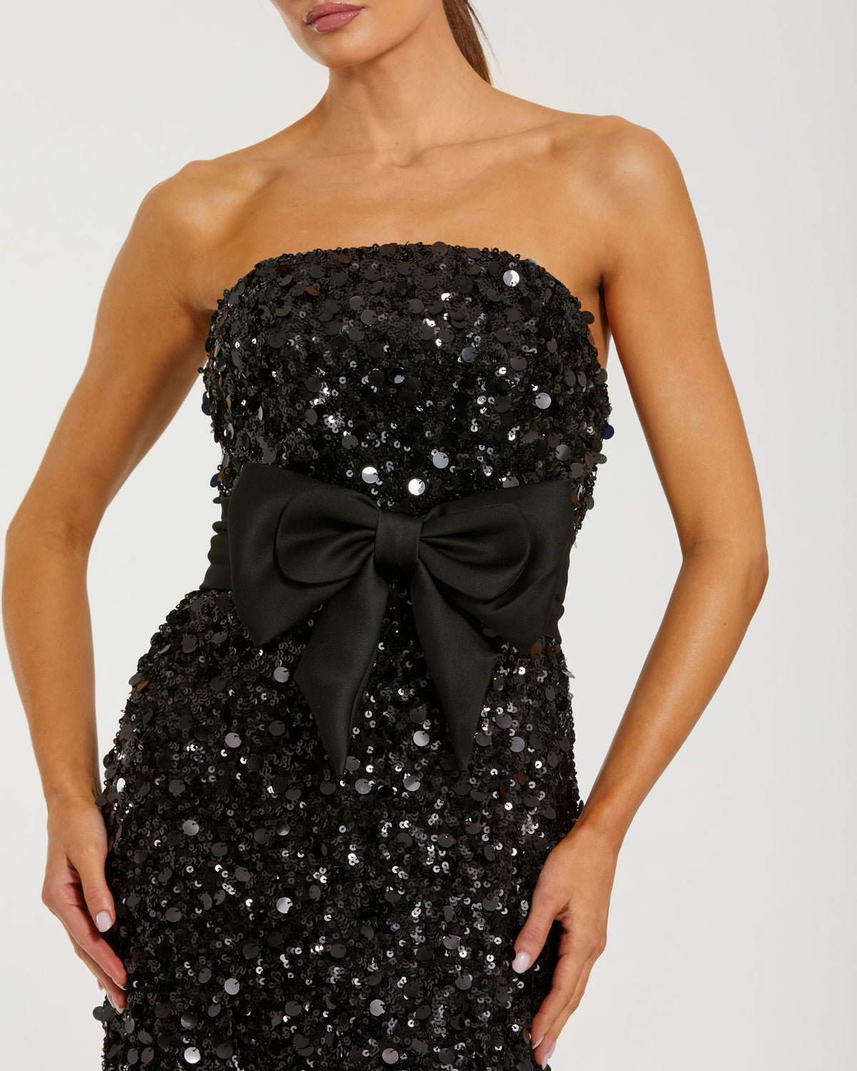 Petite Black Strapless Sequin Evening Gown With Bow - Ieena for Mac Duggal