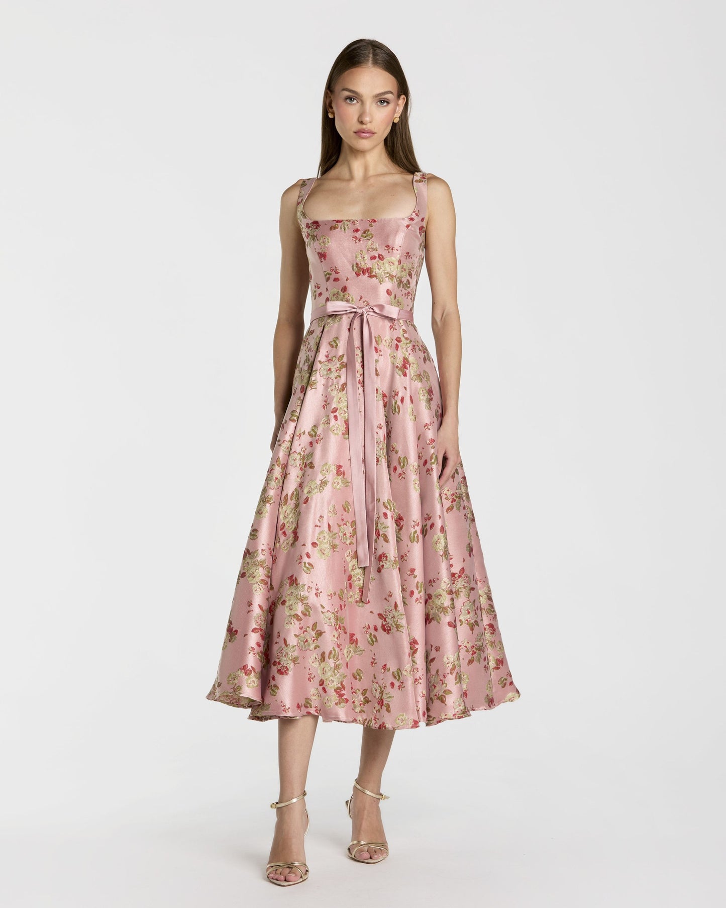 Petite Pink Floral Brocade Square-Neck Midi Dress Ieena for Mac Duggal