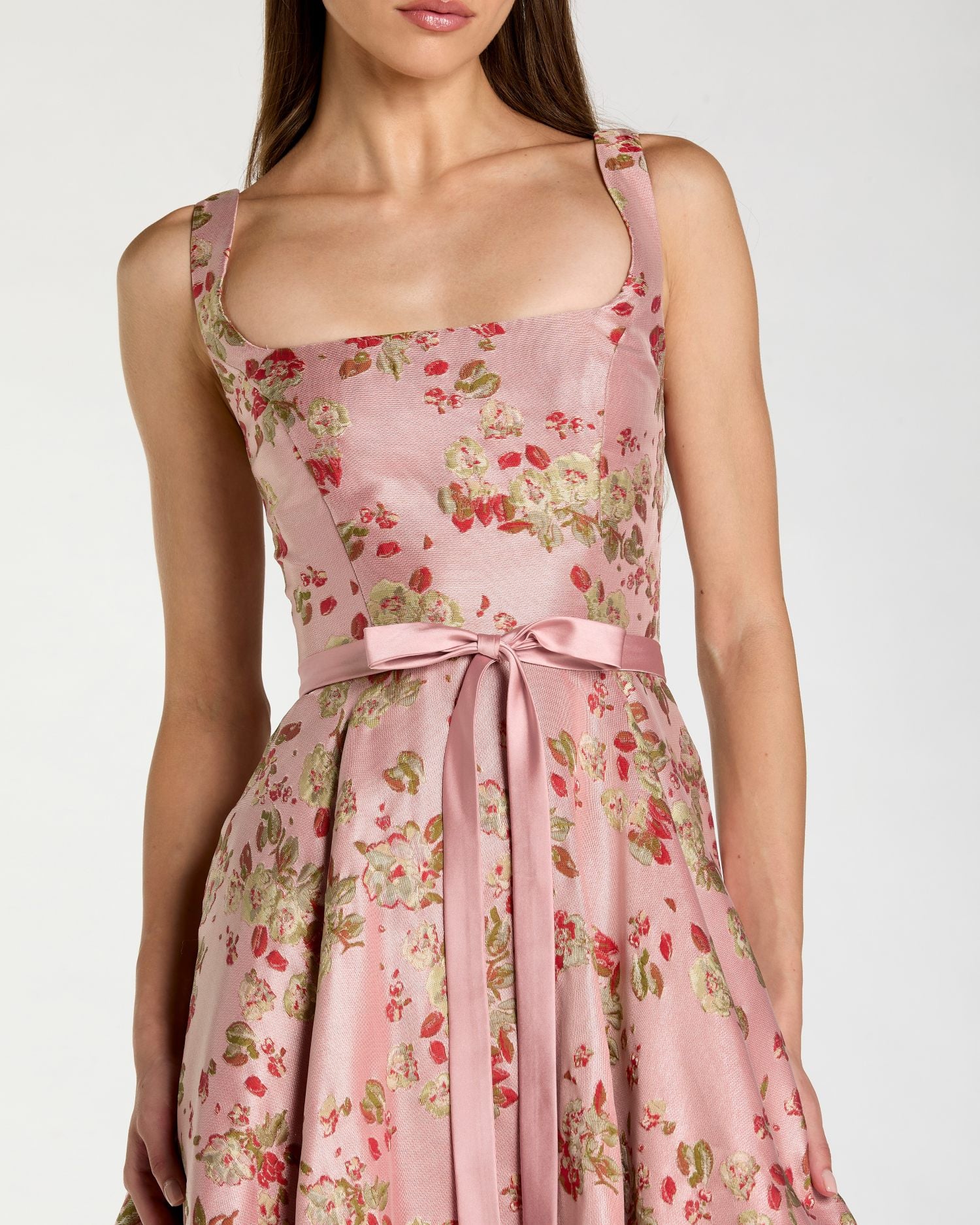 Petite Pink Floral Brocade Square-Neck Midi Dress Ieena for Mac Duggal