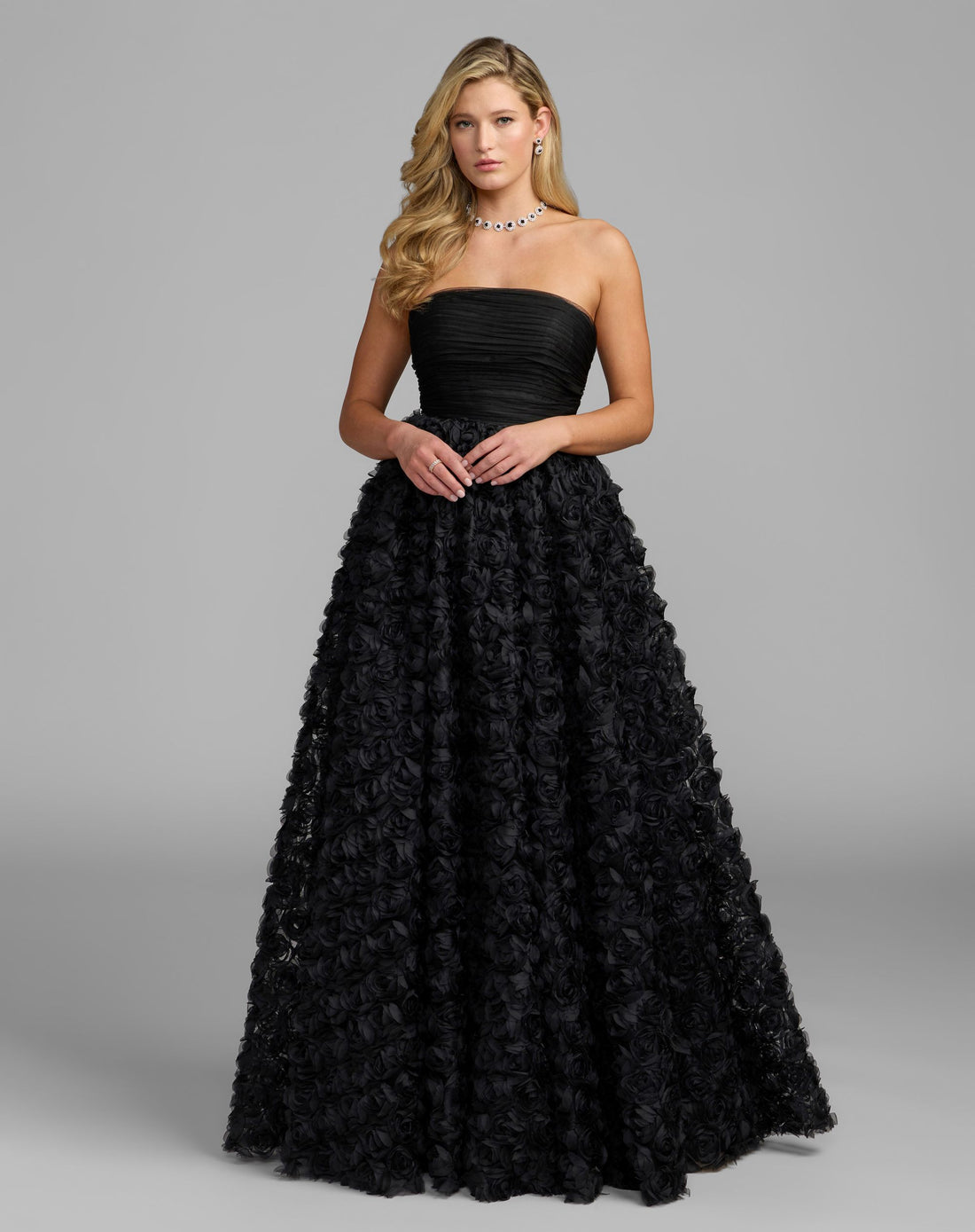 Petite Black Strapless 3D Rosette Ball Gown - Ieena for Mac Duggal