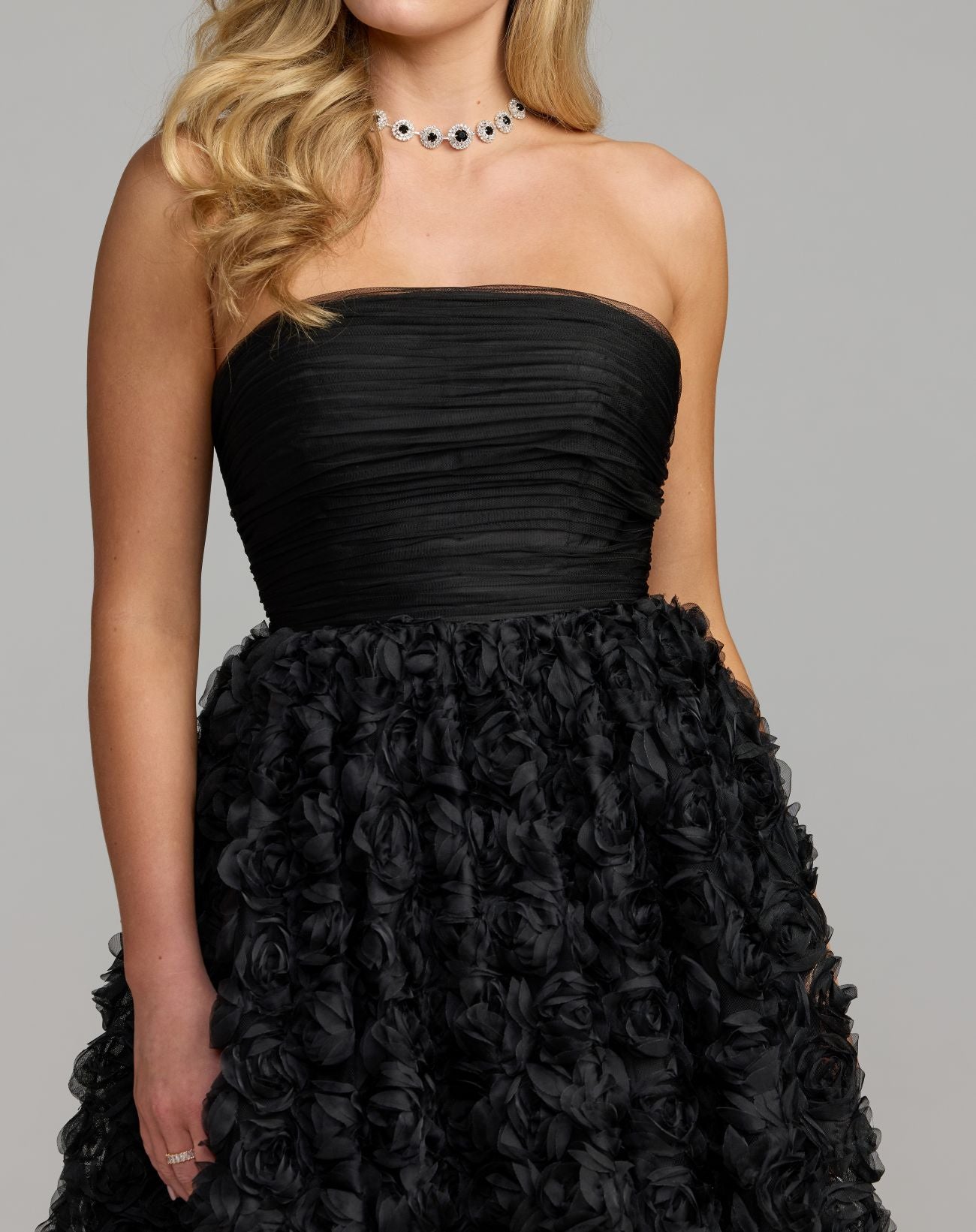 Petite Black Strapless 3D Rosette Ball Gown - Ieena for Mac Duggal