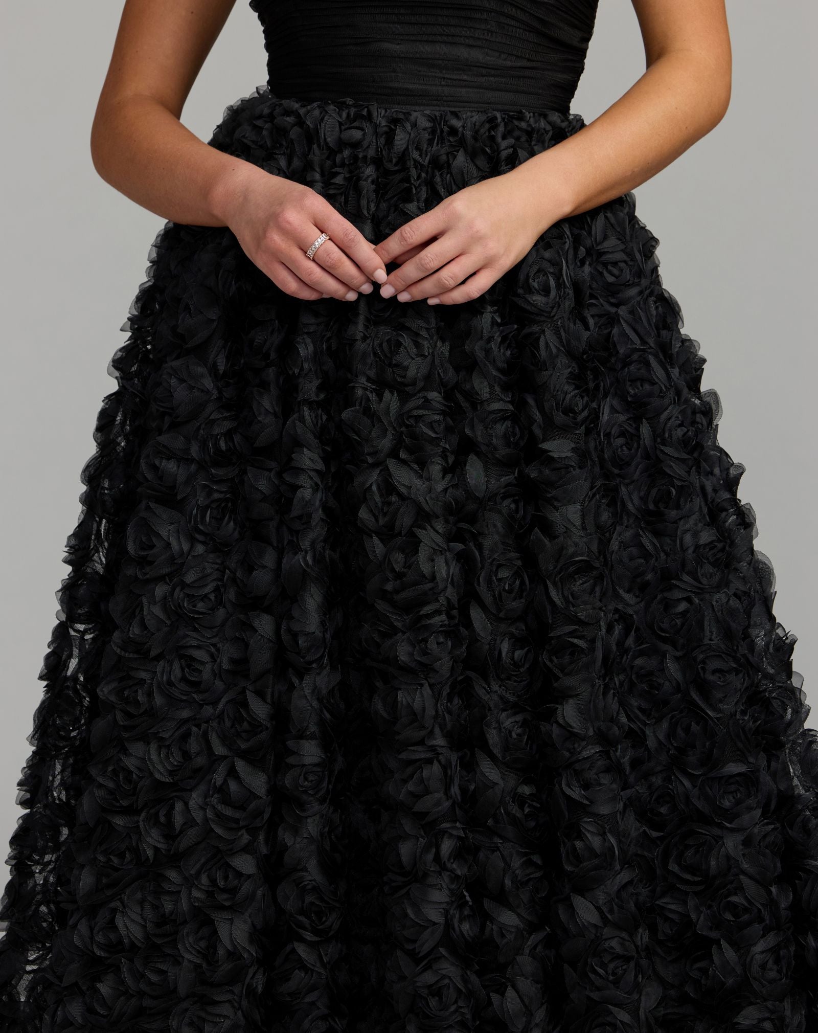 Petite Black Strapless 3D Rosette Ball Gown - Ieena for Mac Duggal