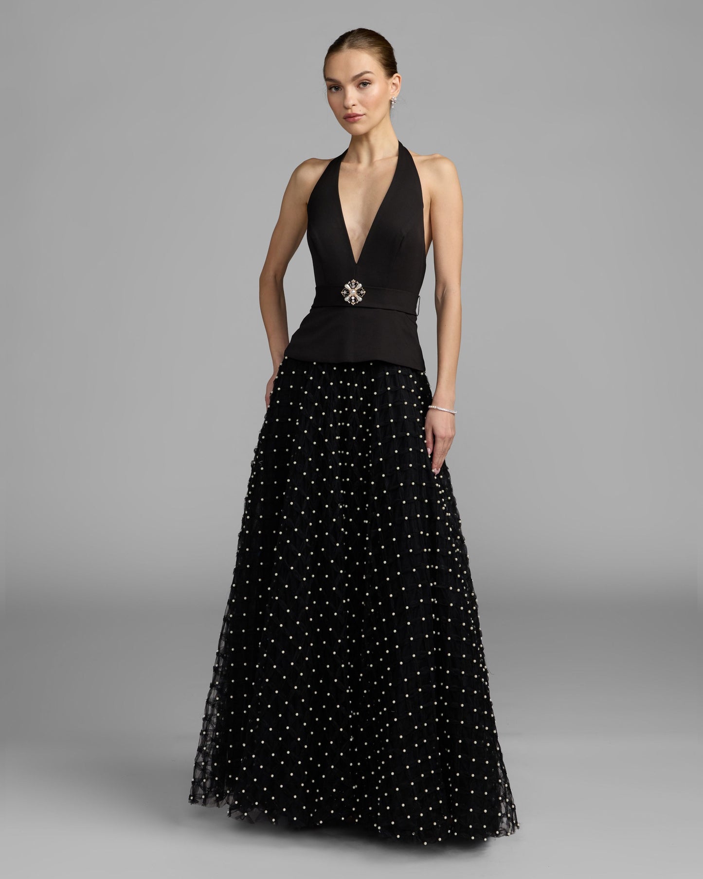 Petite Black Halter Pearl Embellished A-Line Gown Mac Duggal