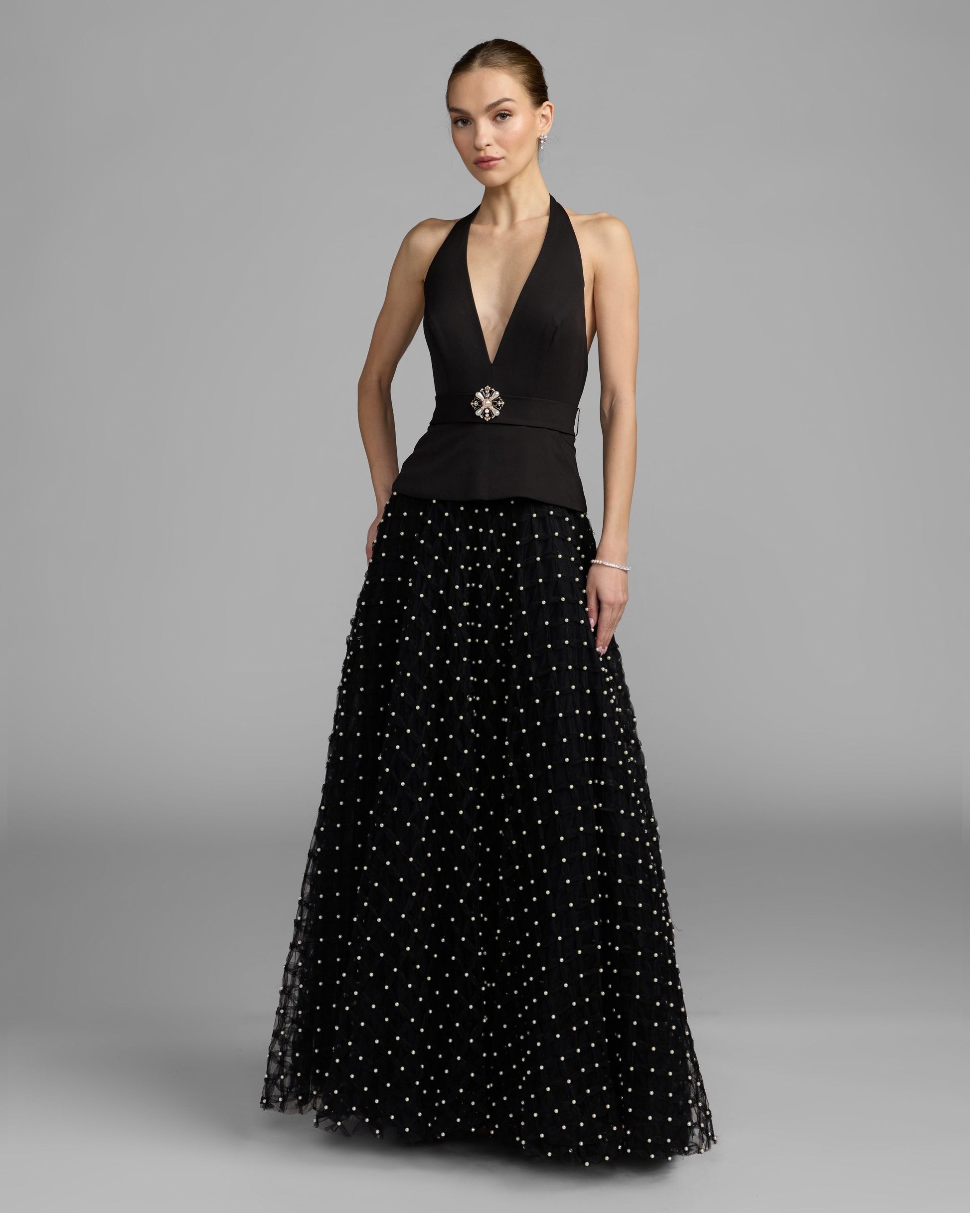 Petite Black Halter Pearl Embellished A-Line Gown Mac Duggal