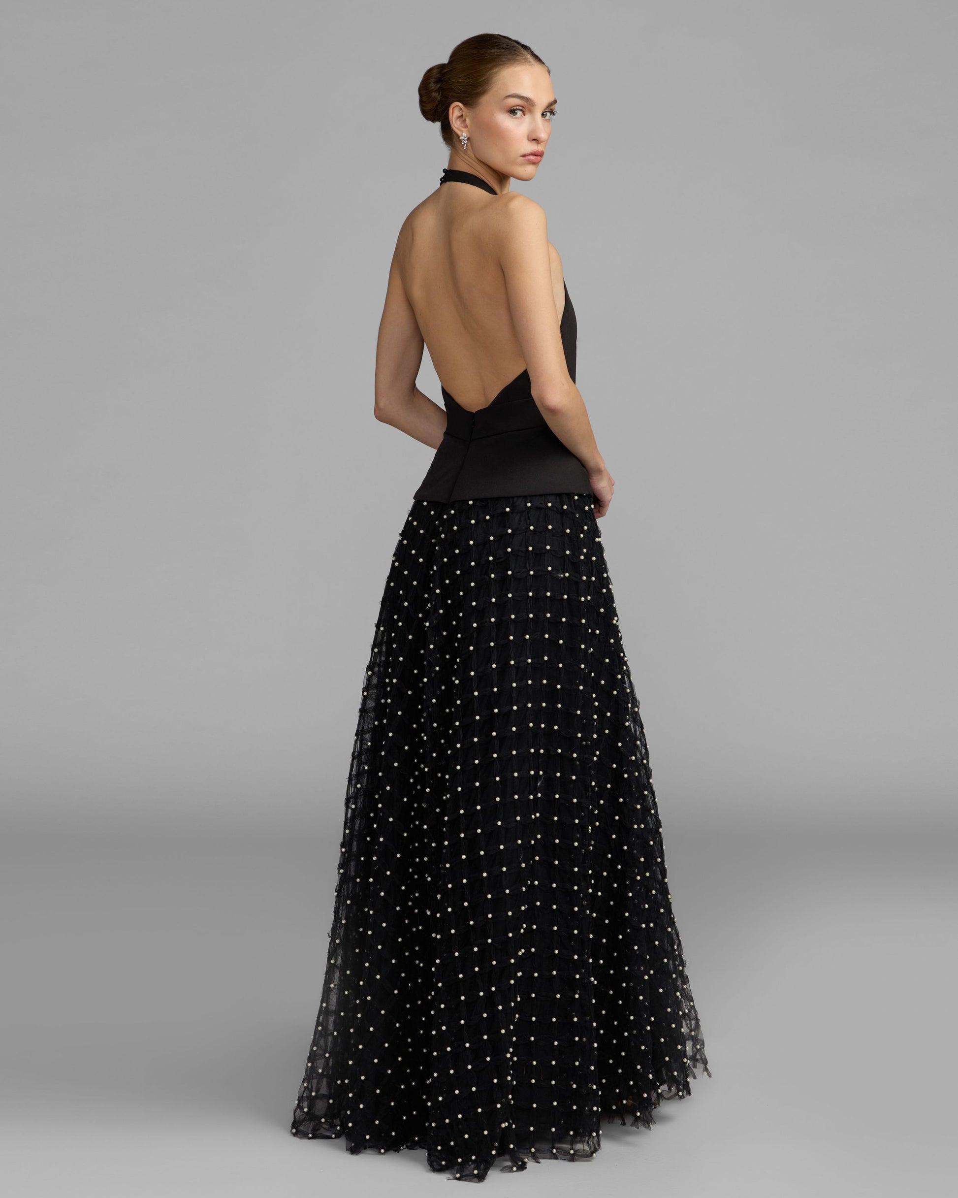 Petite Black Halter Pearl Embellished A-Line Gown Mac Duggal