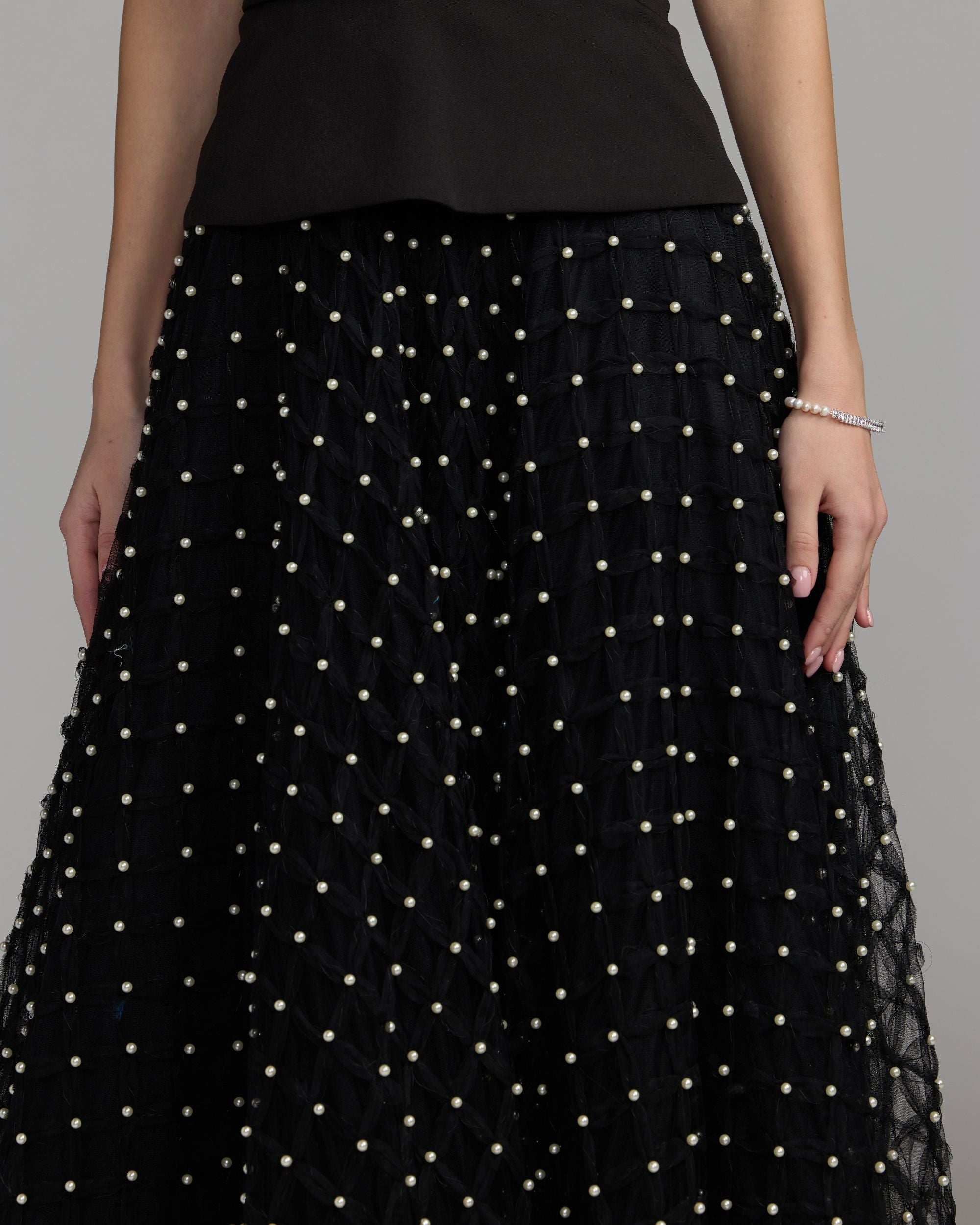 Petite Black Halter Pearl Embellished A-Line Gown Mac Duggal