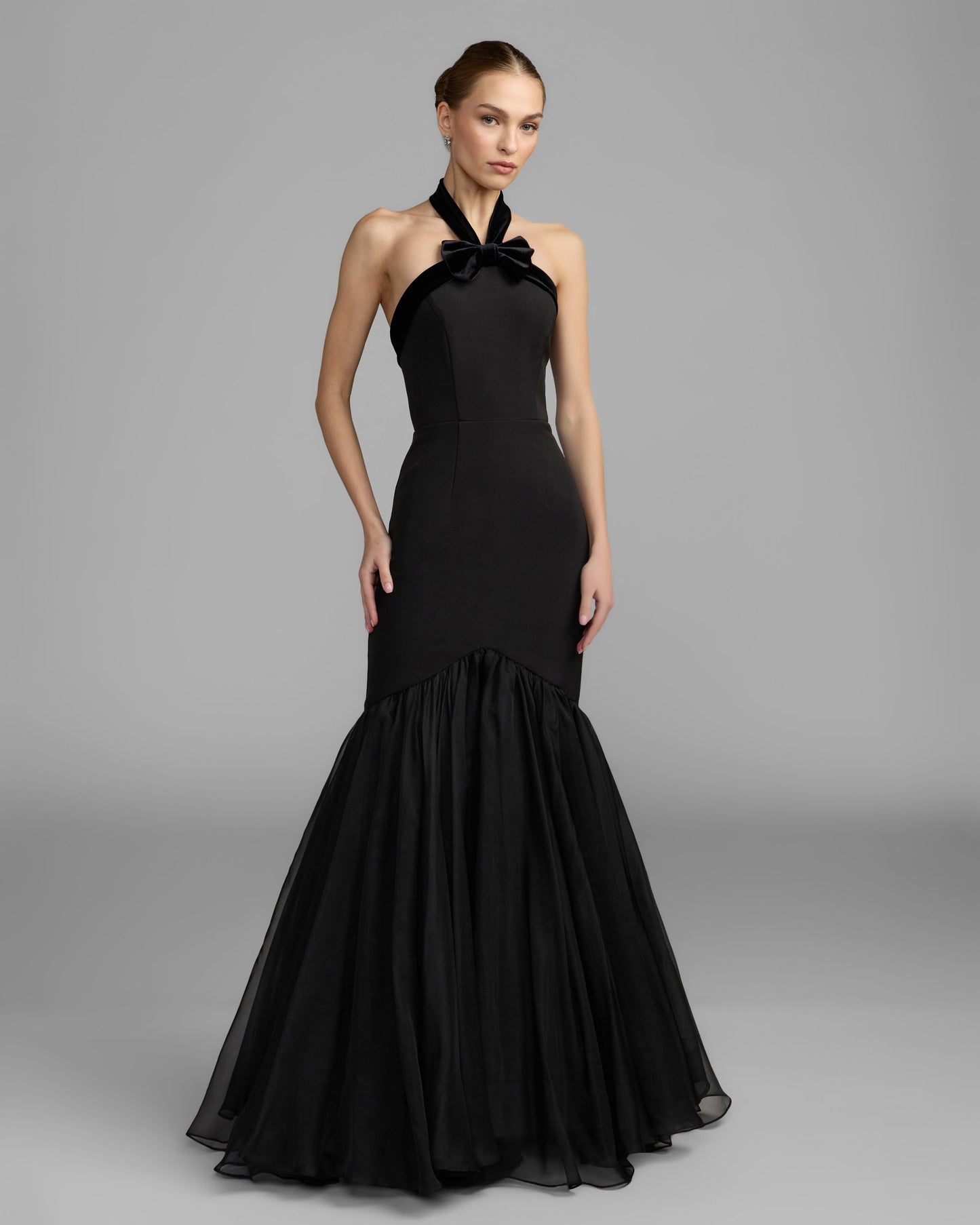 Black Velvet Bow Halter Mermaid Gown Mac Duggal