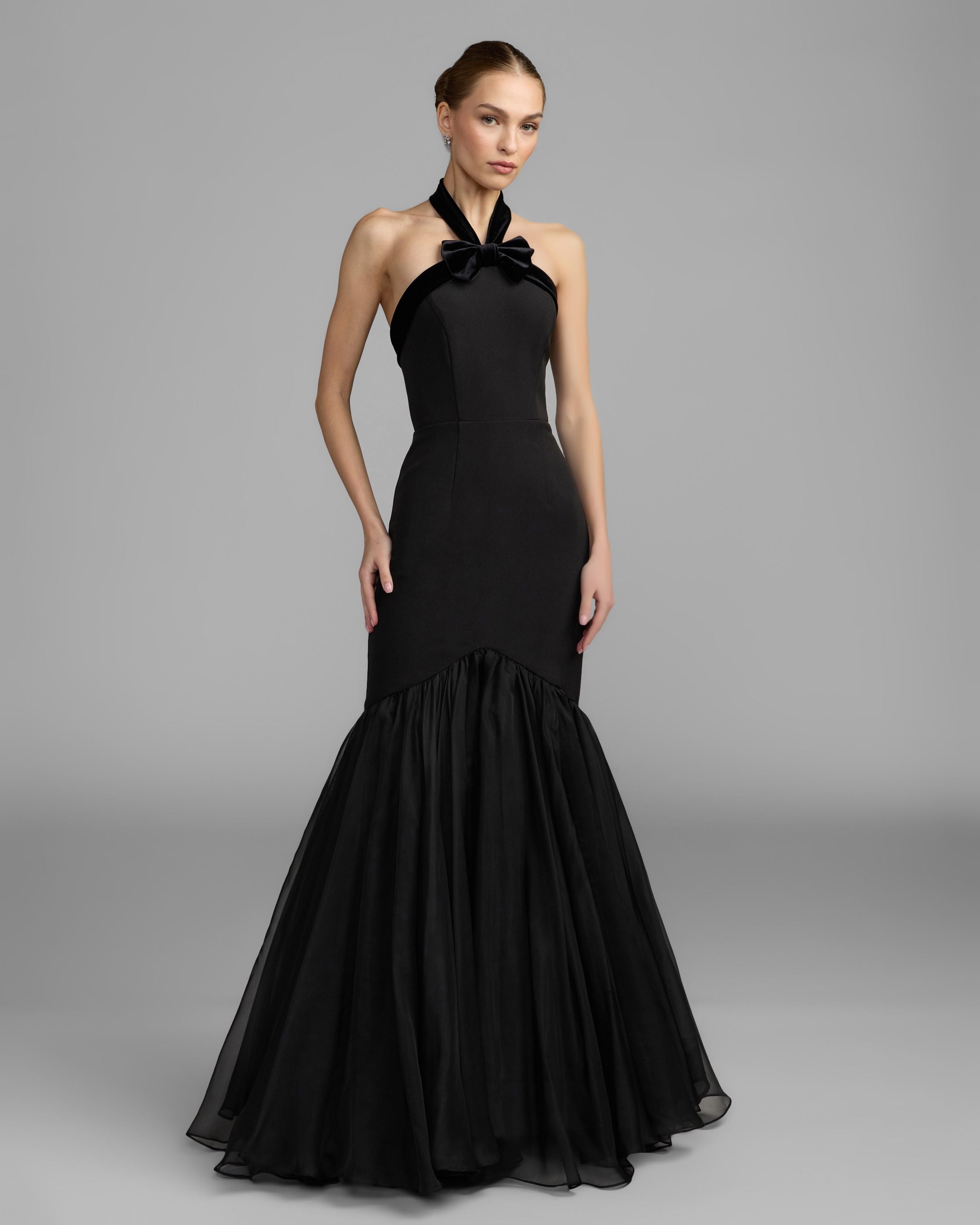 Black Velvet Bow Halter Mermaid Gown Mac Duggal