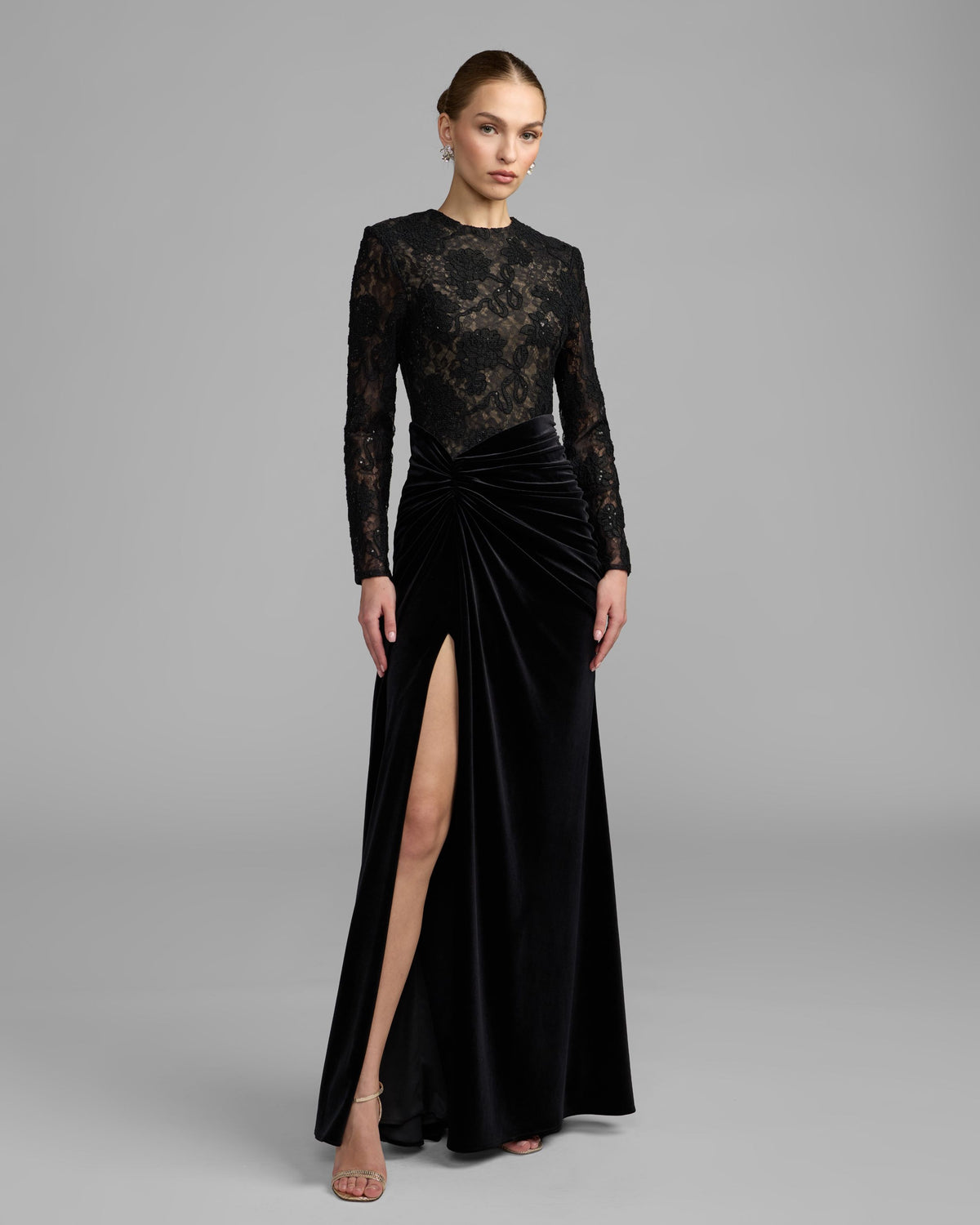 Petite Black Nude Embroidered Lace Velvet Long Sleeve Gown - Ieena for Mac Duggal