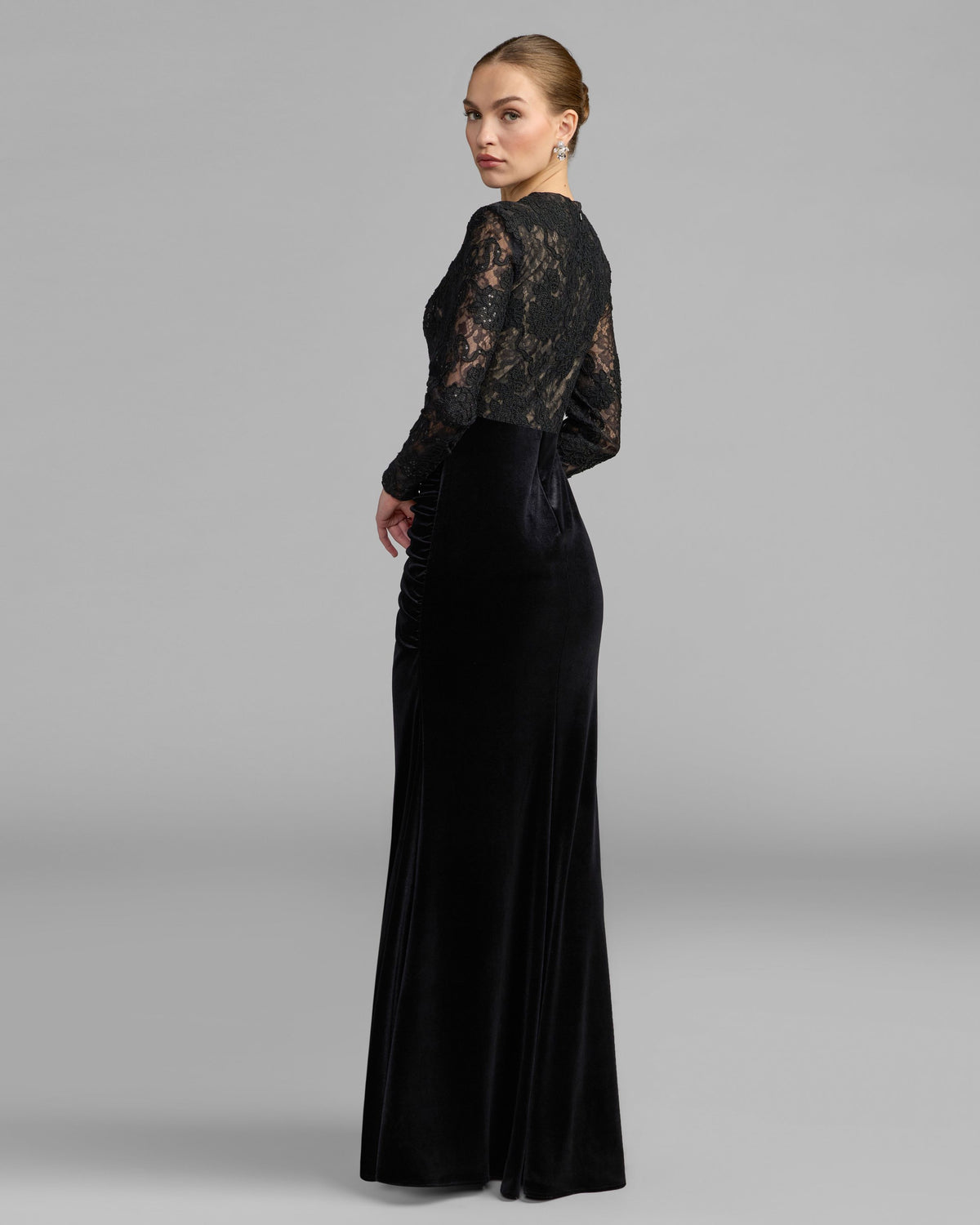 Petite Black Nude Embroidered Lace Velvet Long Sleeve Gown - Ieena for Mac Duggal