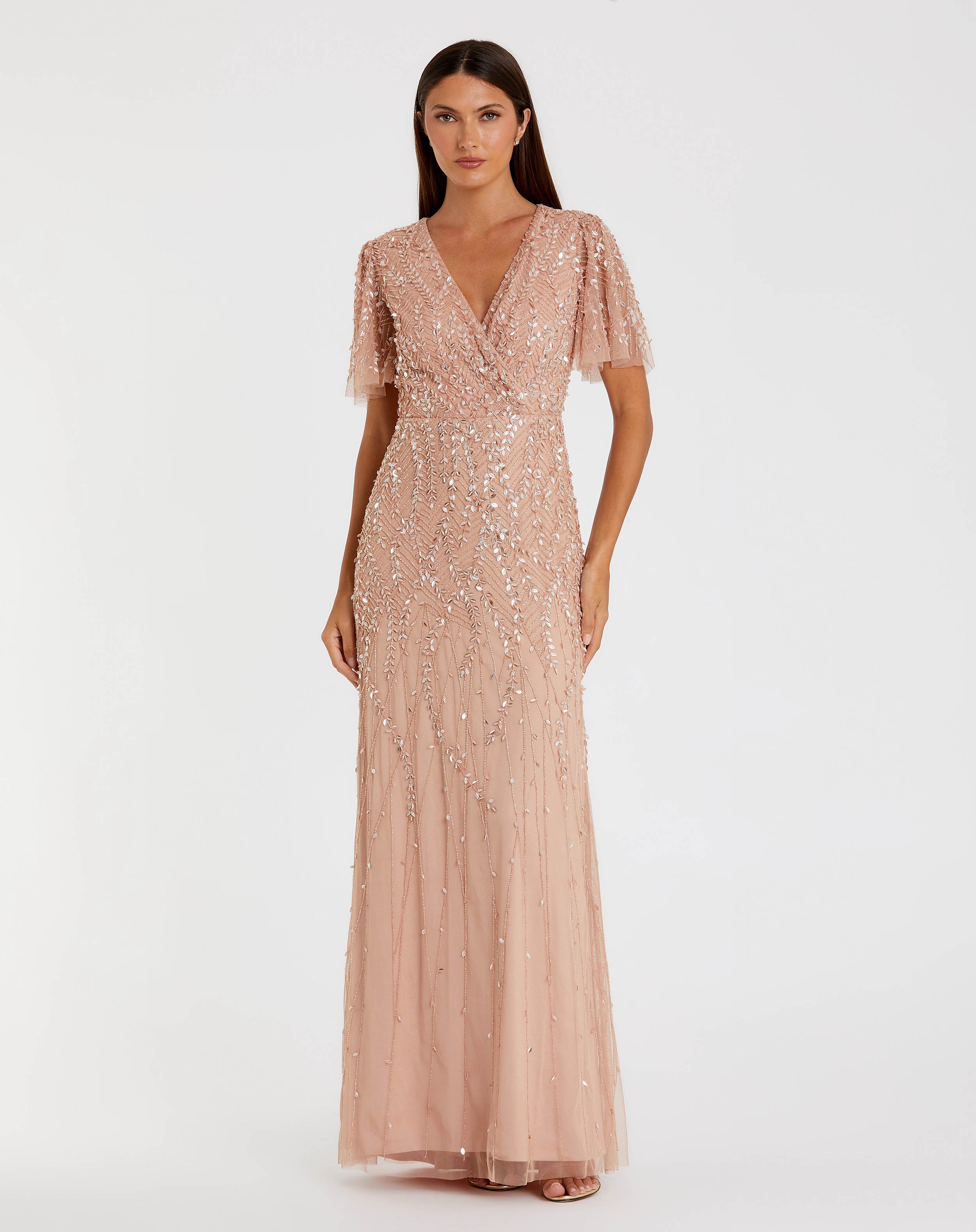Petite Pink Embellished Flutter Sleeve Gown - Mac Duggal