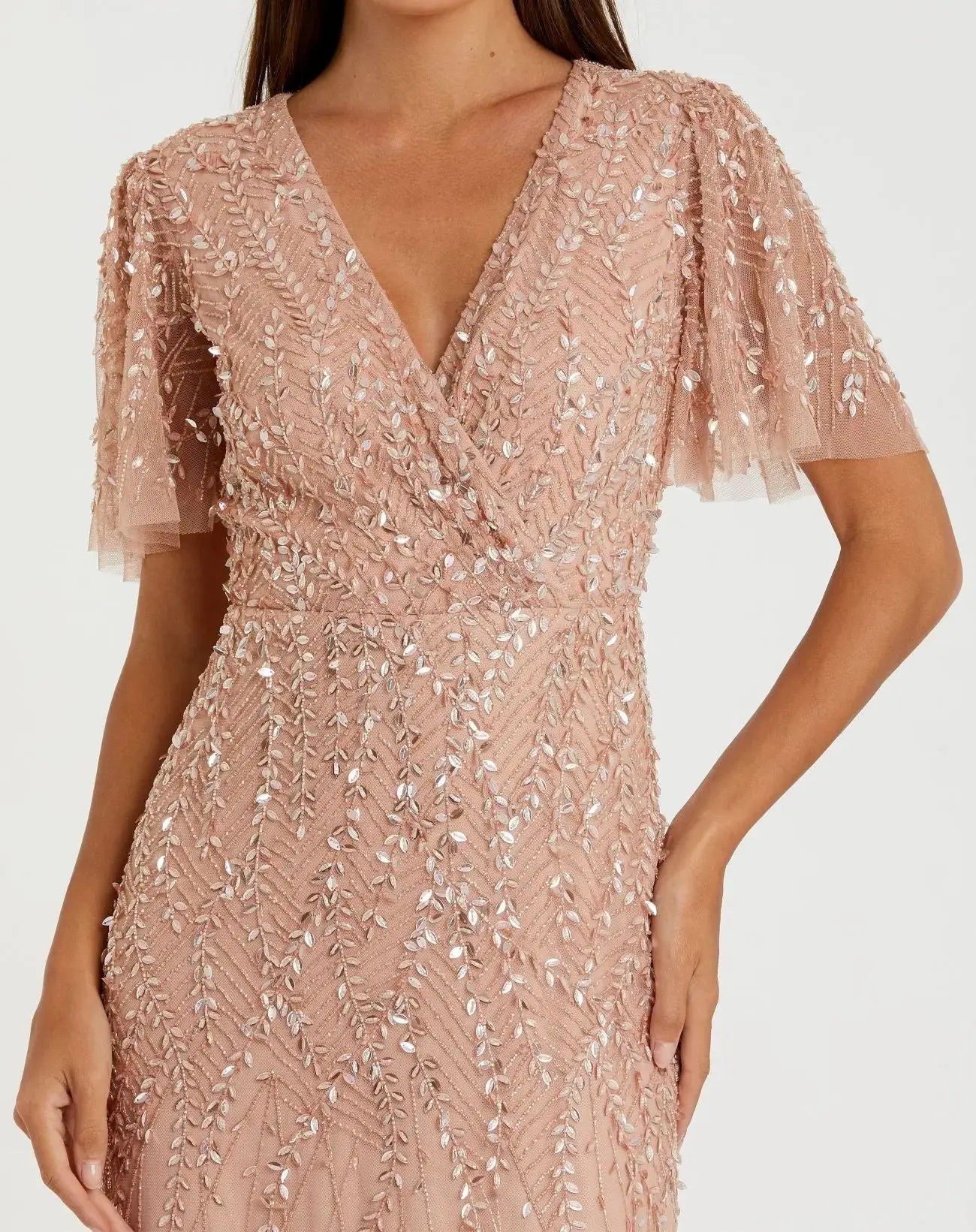 Petite Pink Embellished Flutter Sleeve Gown | Mac Duggal Petite Pink Embellished Flutter Sleeve Gown | Mac Duggal