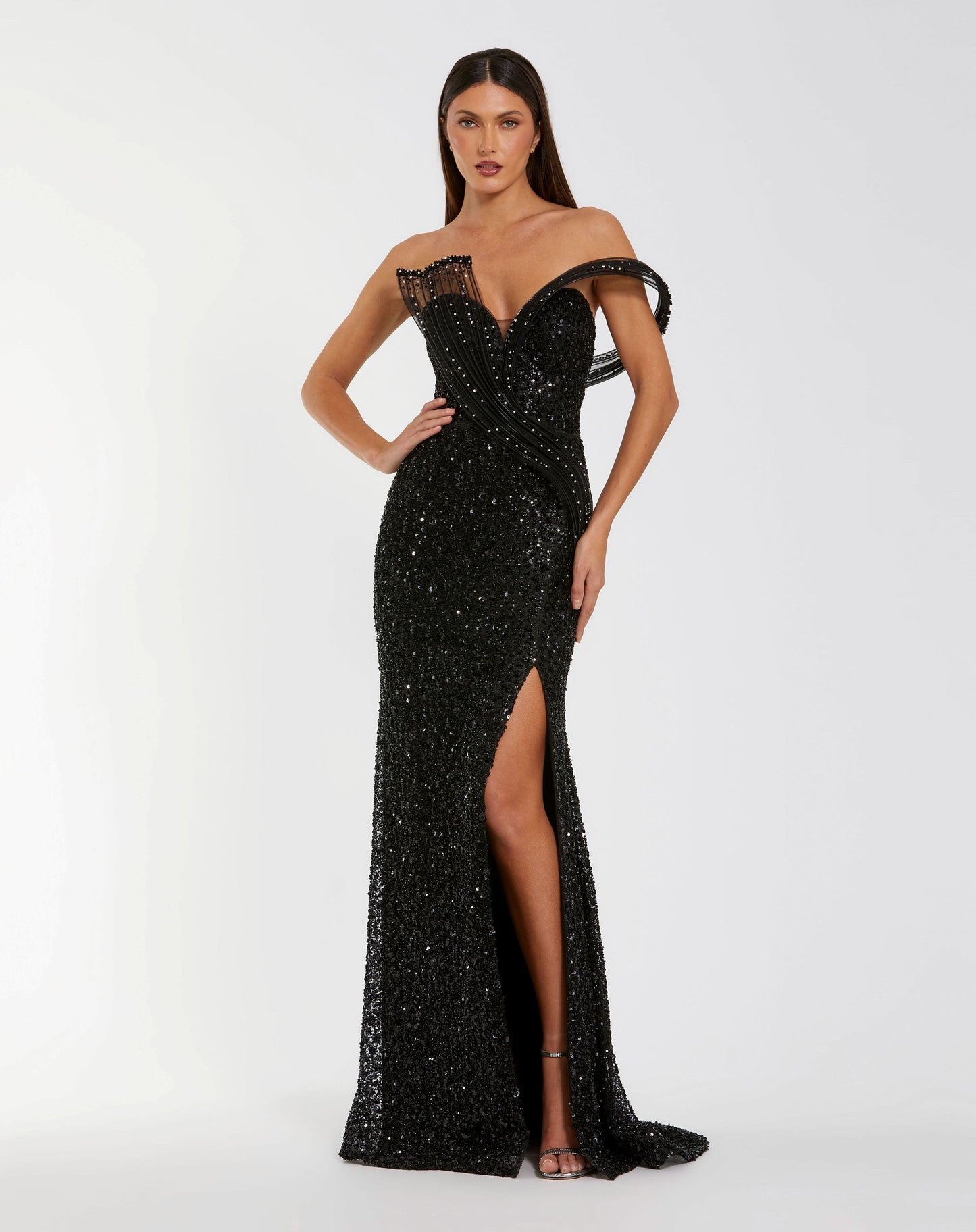 Petite Black Embellished Strapless Gown With Sculptural Drape - Mac Duggal