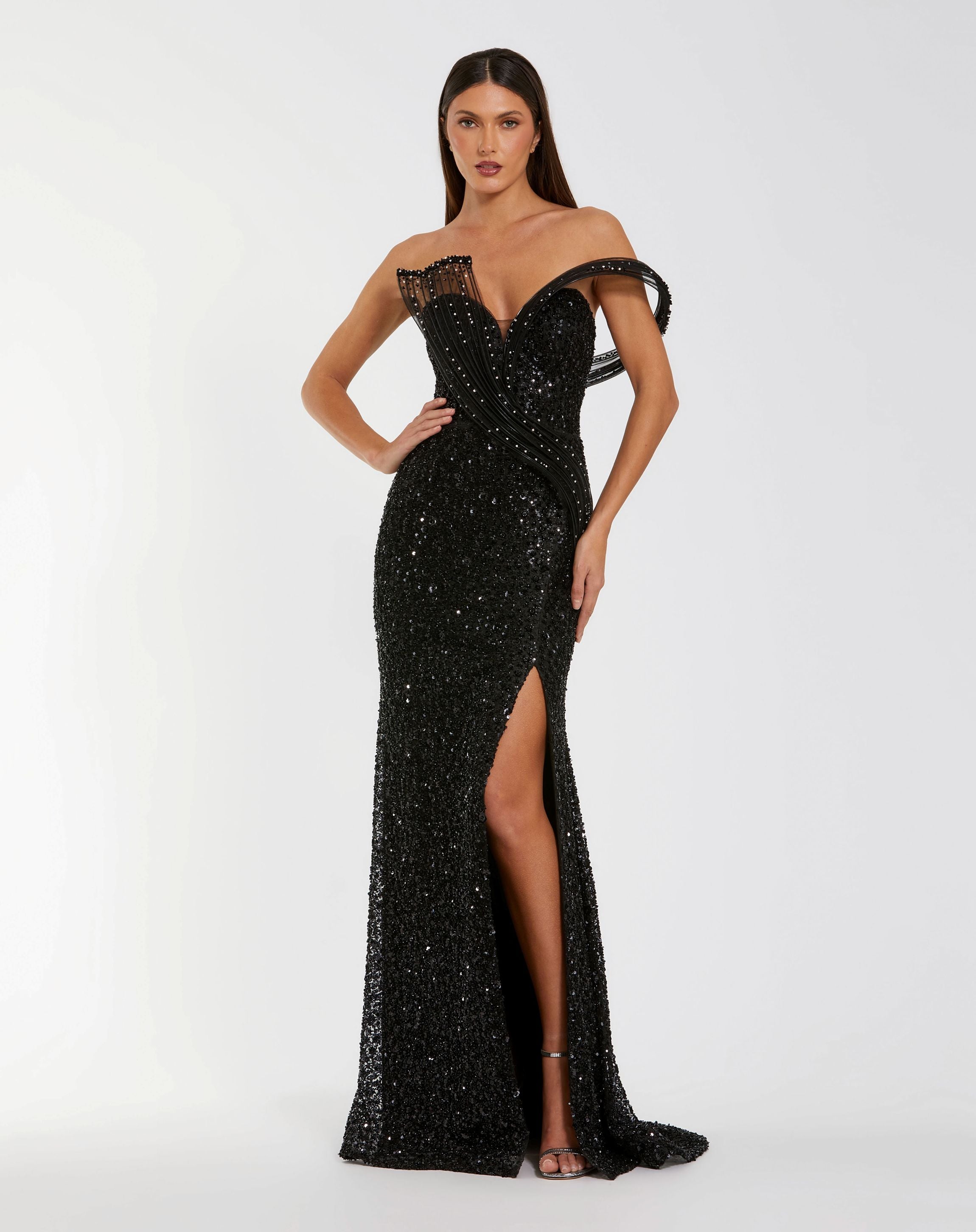 Petite Black Embellished Strapless Gown With Sculptural Drape - Mac Duggal