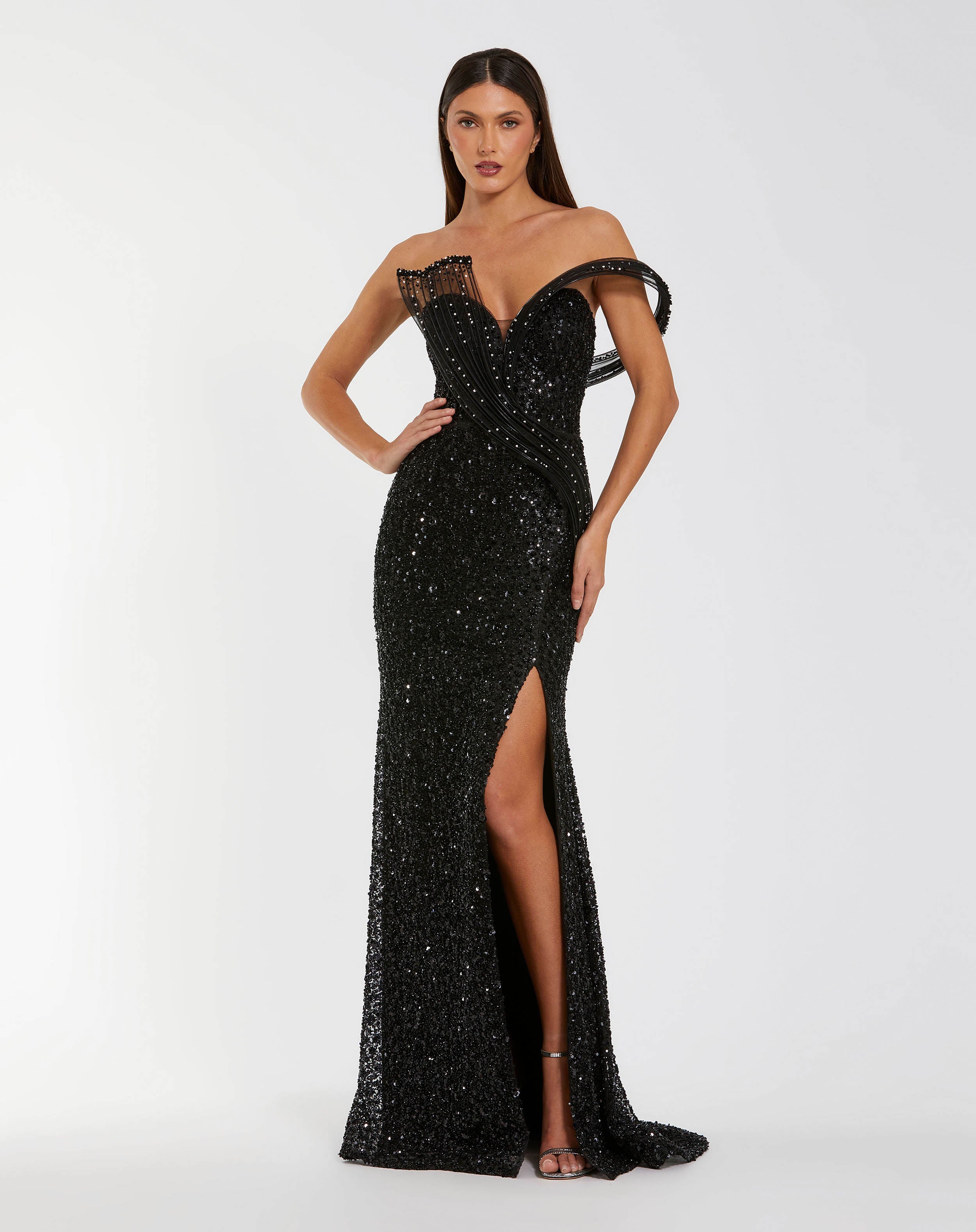 Petite Black Embellished Strapless Gown With Sculptural Drape - Mac Duggal