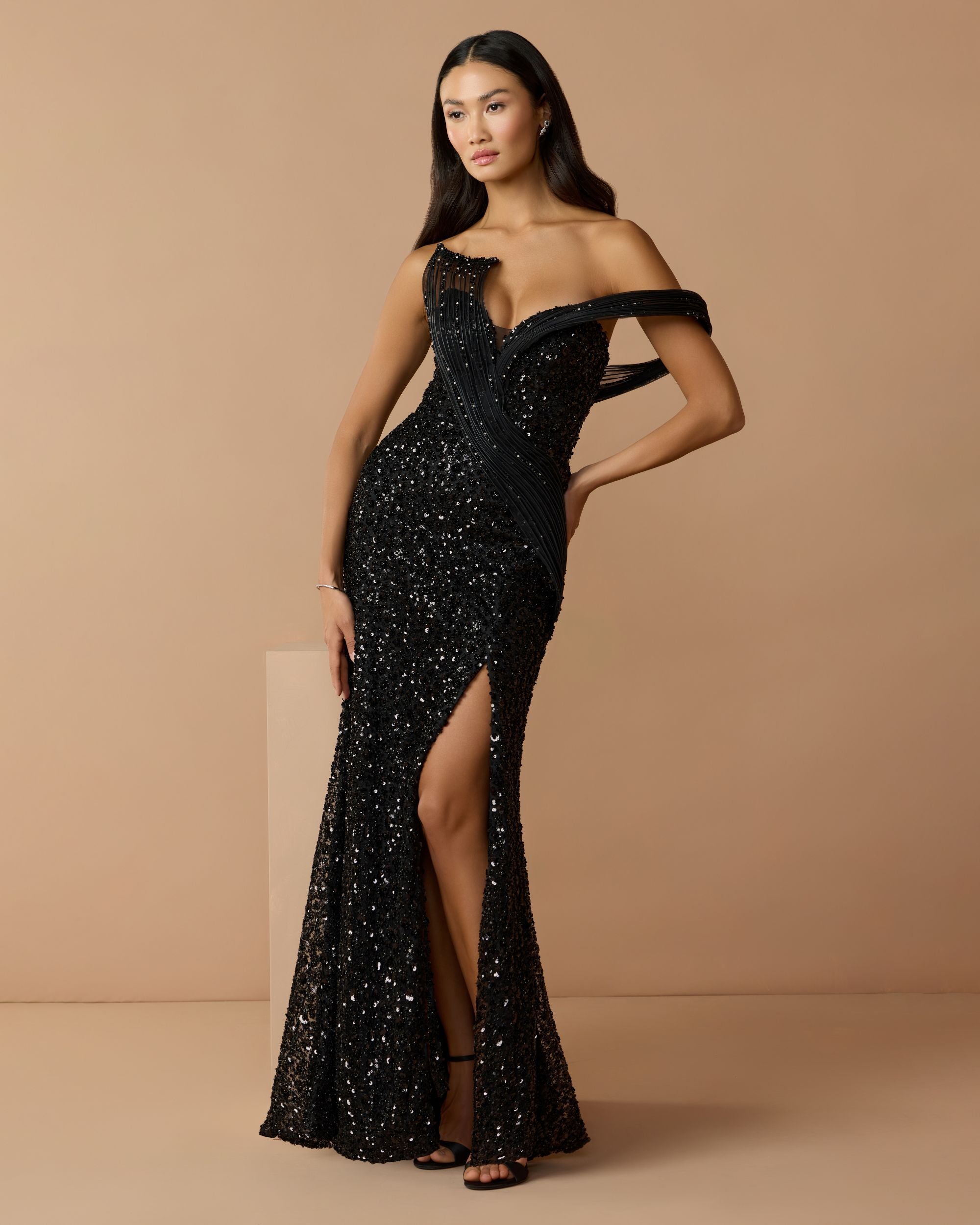 Petite Black Embellished Strapless Gown With Sculptural Drape