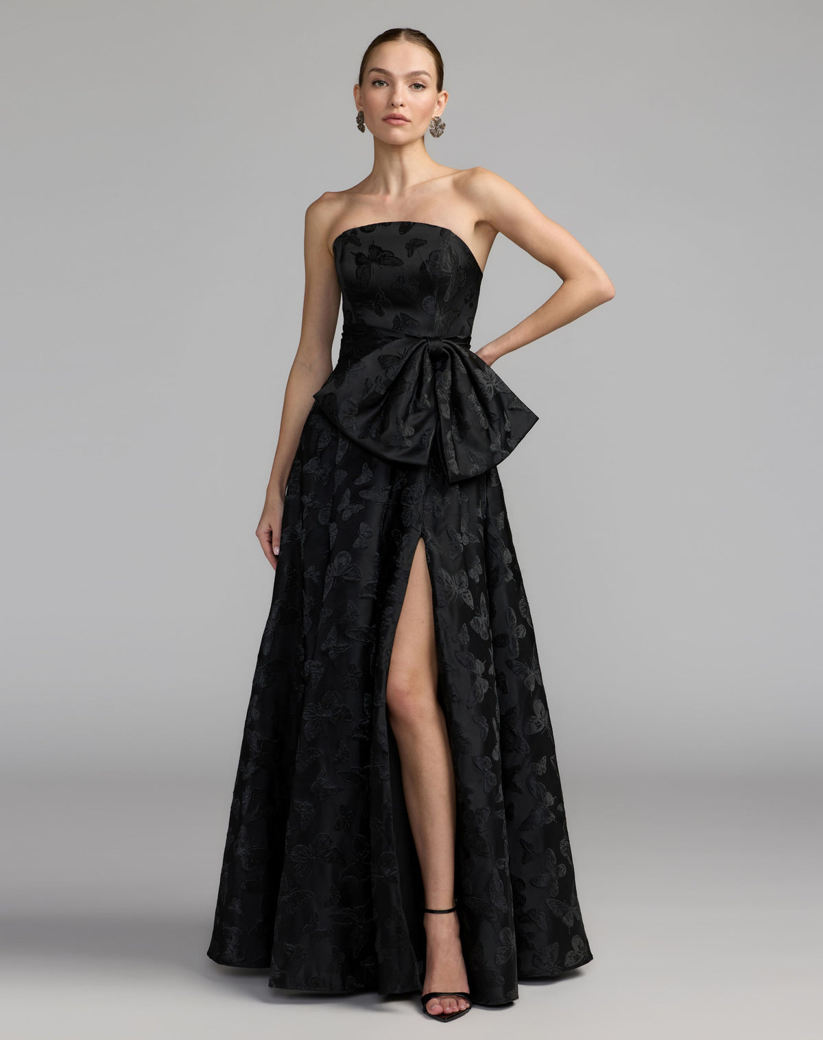 Petite Black Strapless Brocade A-Line Gown With Bow - Mac Duggal