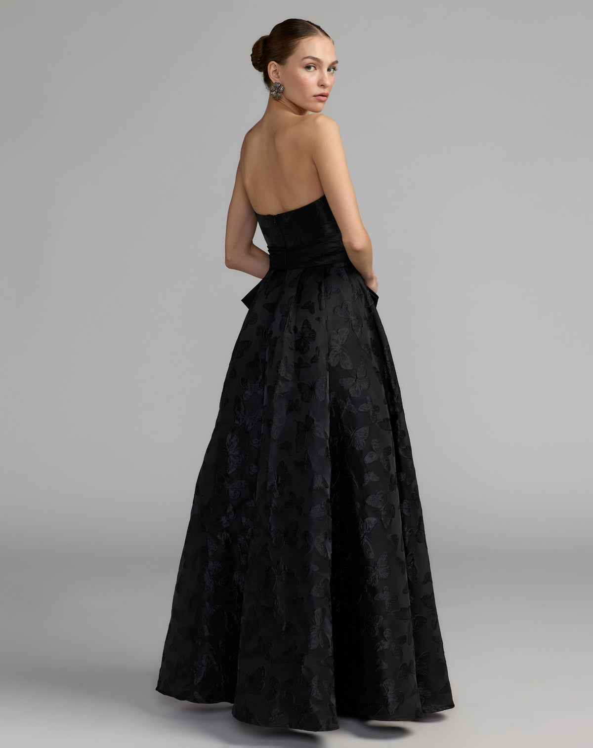 Petite Black Strapless Brocade A-Line Gown With Bow - Mac Duggal