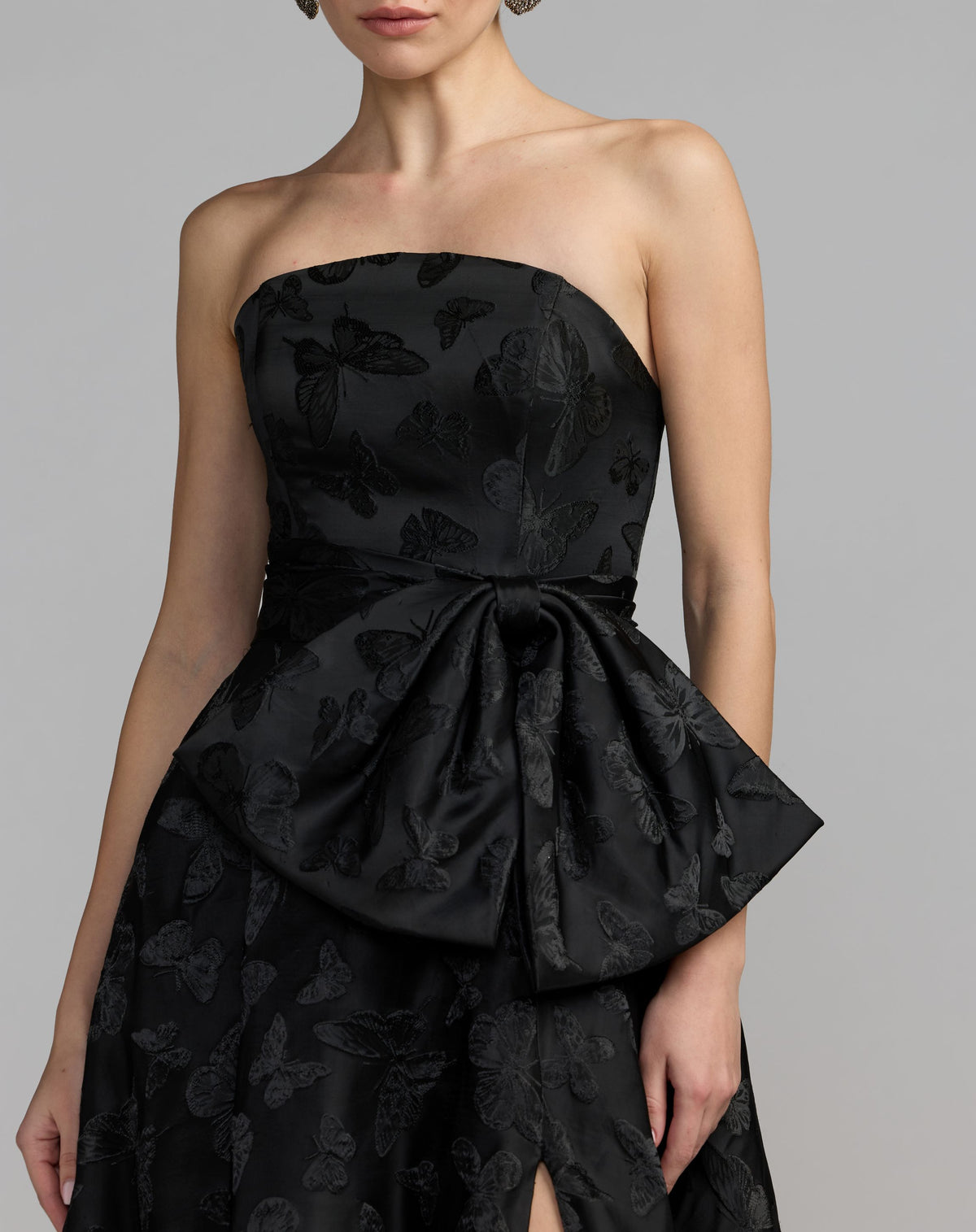 Petite Black Strapless Brocade A-Line Gown With Bow - Mac Duggal