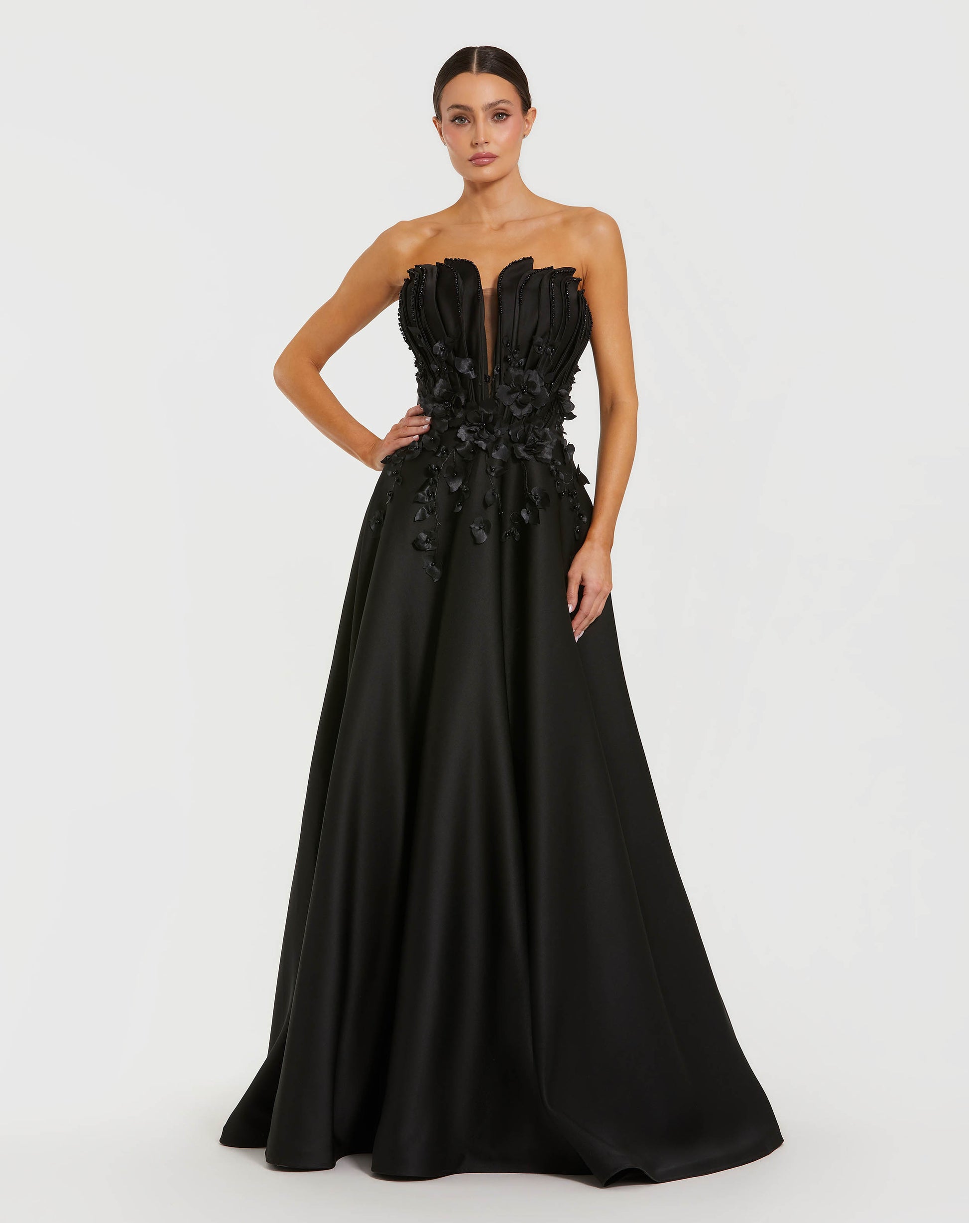 Petite Black Strapless Satin Floral Embellished Ball Gown Mac Duggal