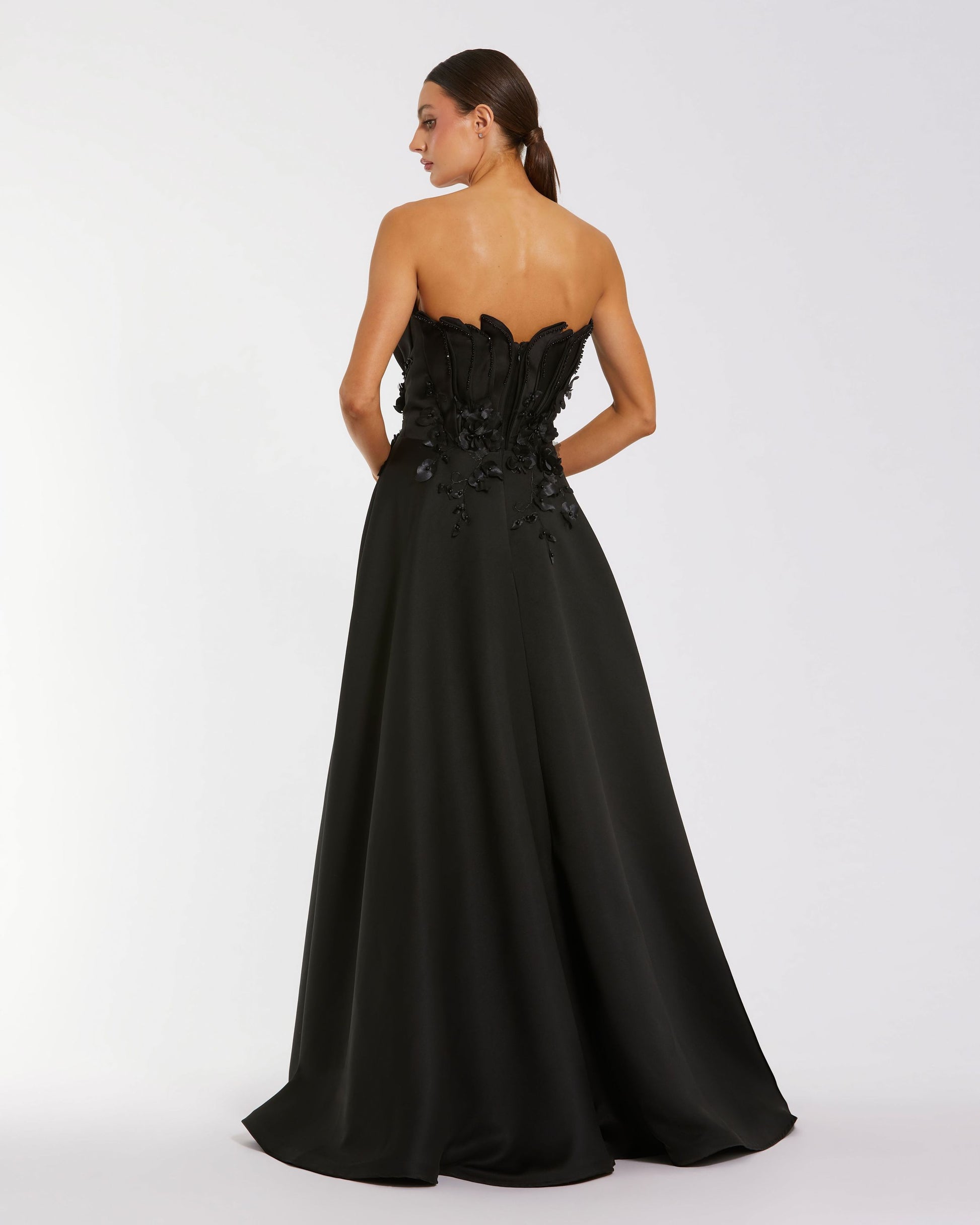 Petite Black Strapless Satin Floral Embellished Ball Gown Mac Duggal