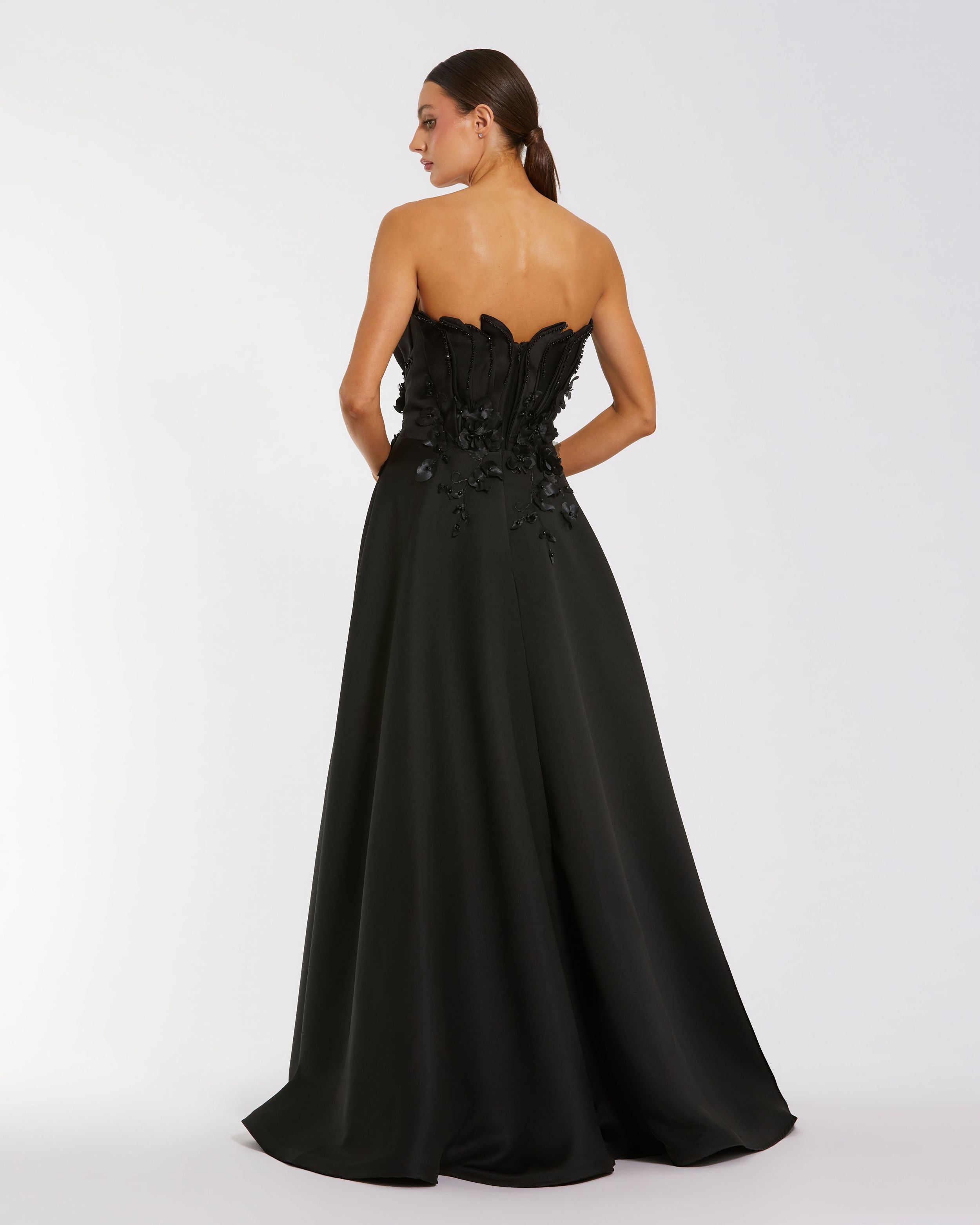 Petite Black Strapless Satin Floral Embellished Ball Gown Mac Duggal