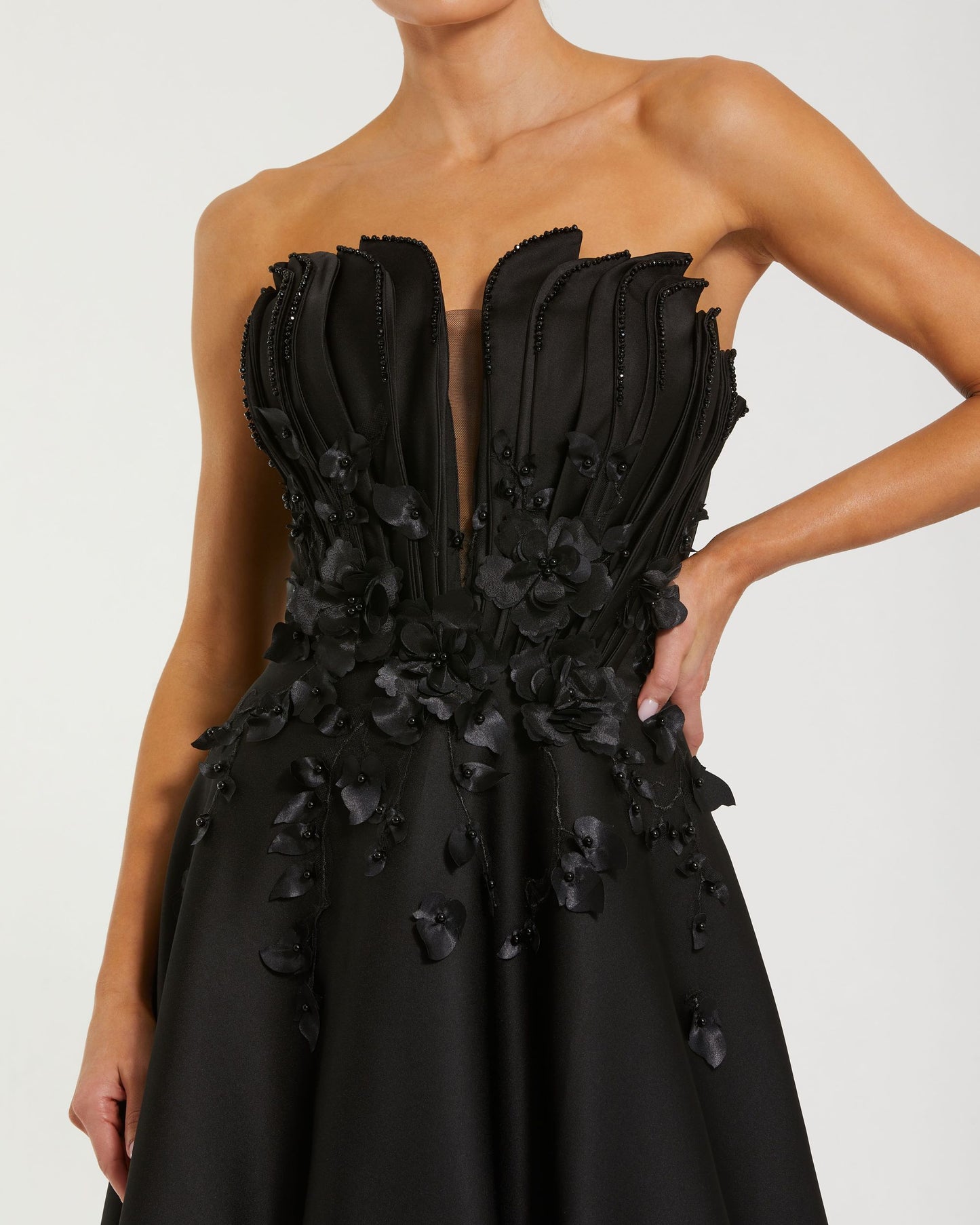 Petite Black Strapless Satin Floral Embellished Ball Gown Mac Duggal
