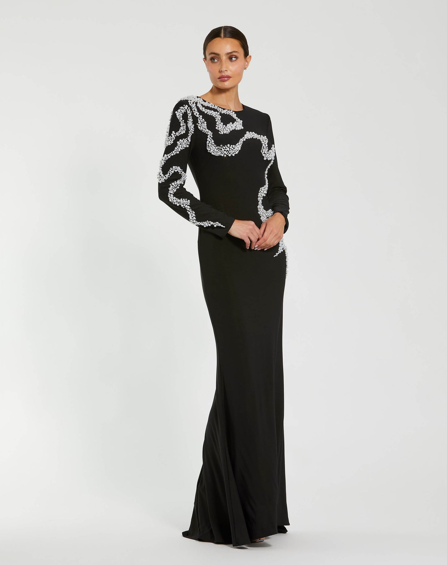 Petite Black Jersey Evening Gown With Beaded Swirl Detail - Mac Duggal
