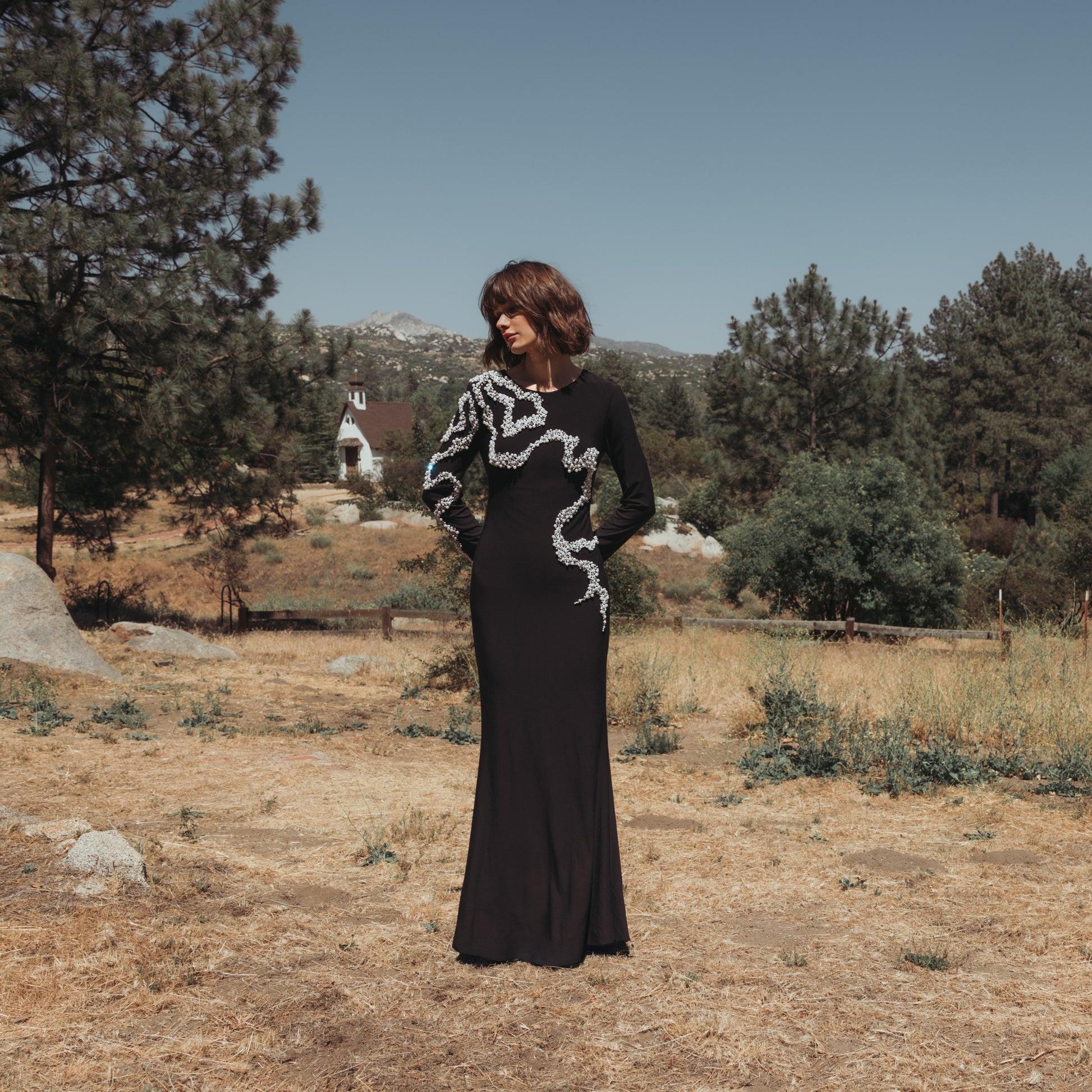 Petite Black Jersey Evening Gown With Beaded Swirl Detail - Mac Duggal