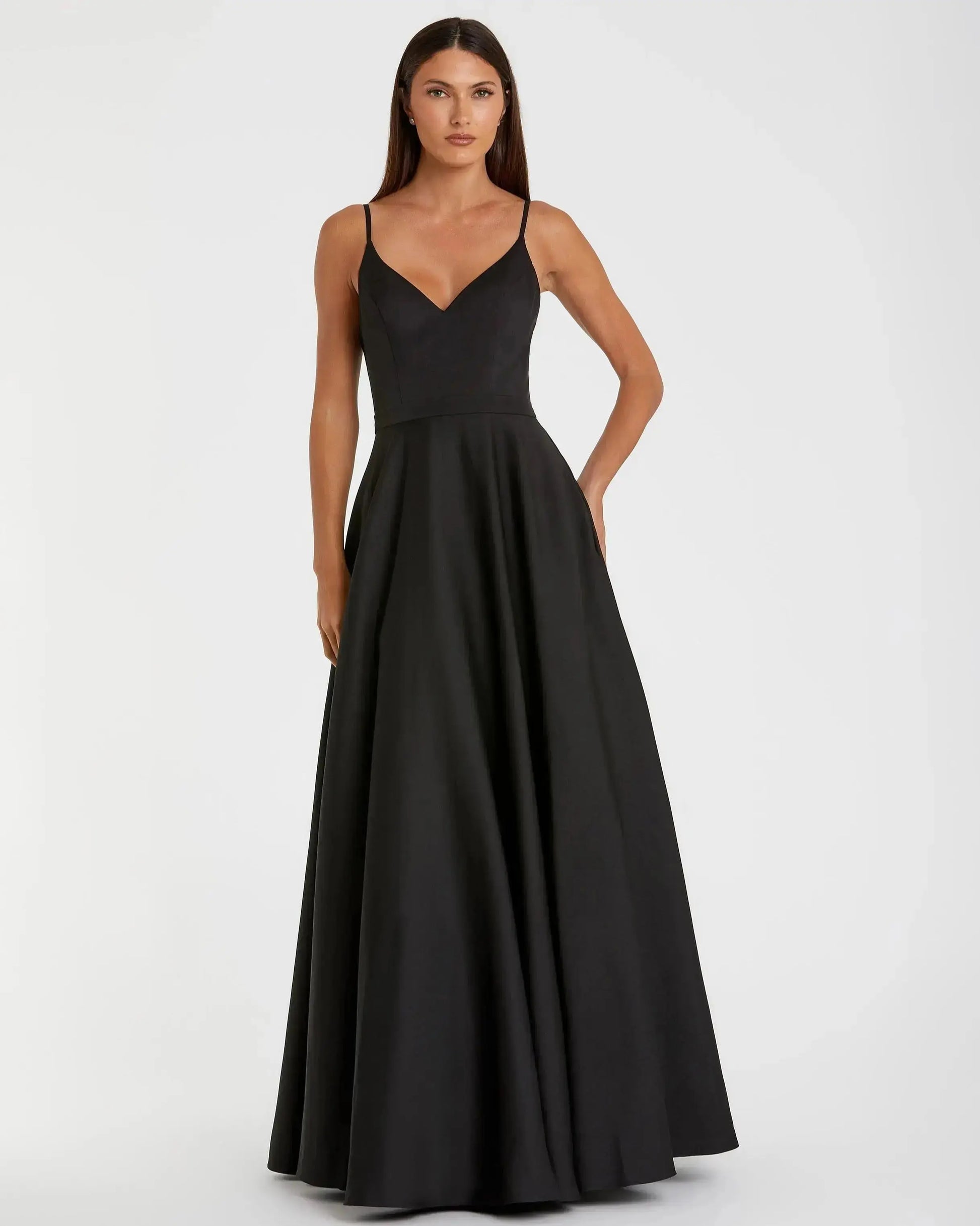 Mac Duggal Petite V-Neck Ball Gown with Belted A-Line Skirt - Black Mac Duggal Petite V-Neck Ball Gown with Belted A-Line Skirt - Black