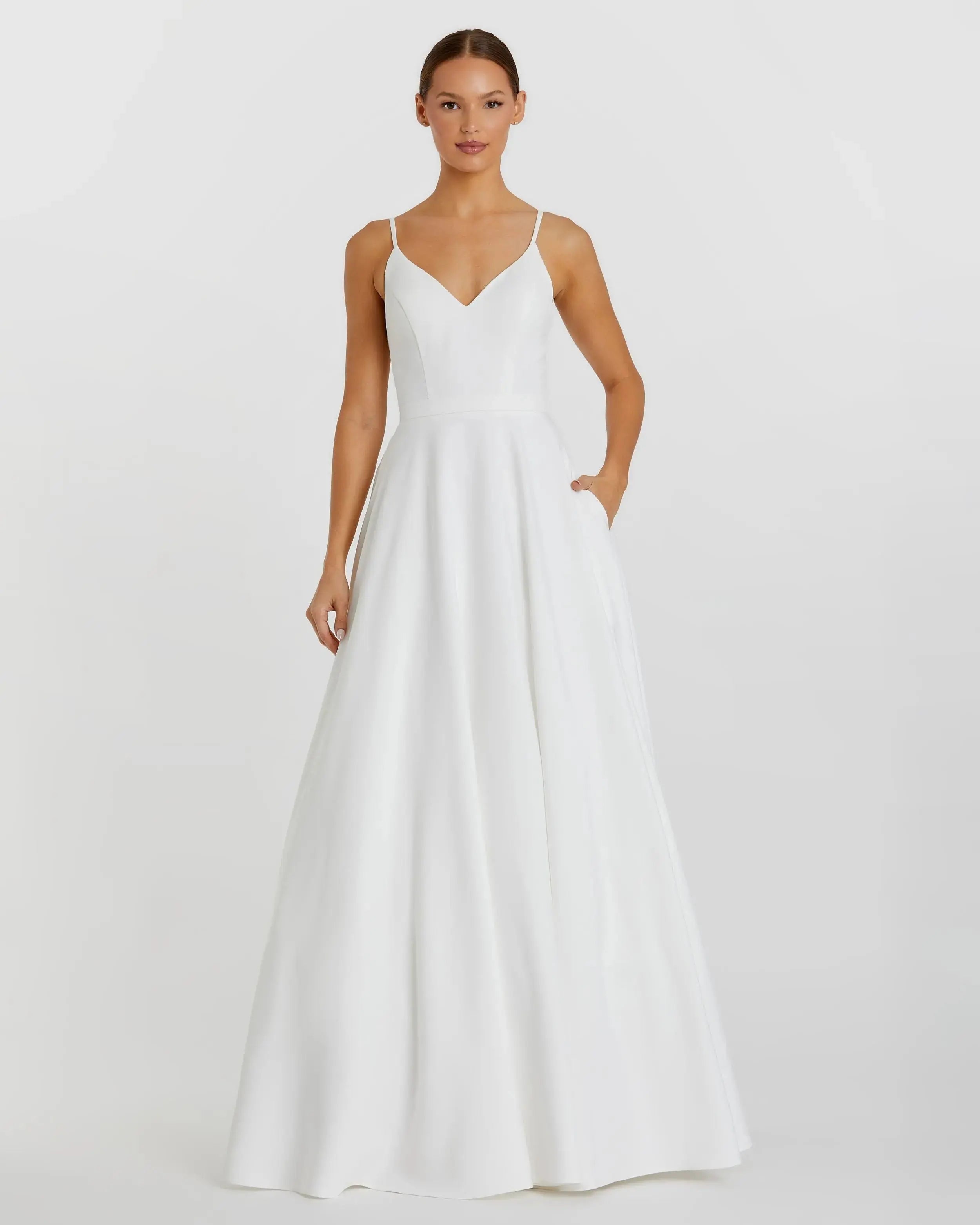 Mac Duggal Classic A-Line V-Neck Ballgown - White