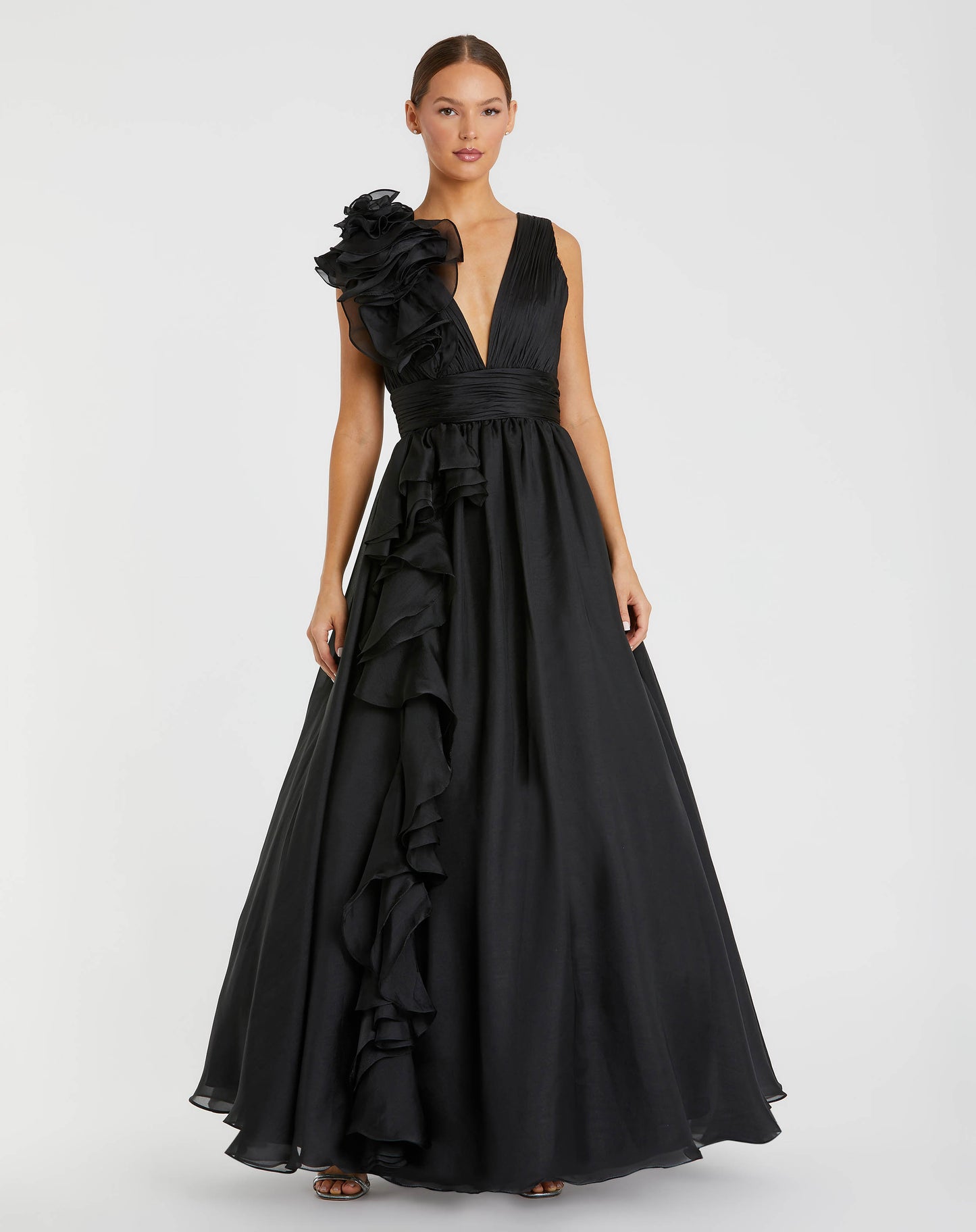 Petite Black Ruffle Shoulder V-Neck Chiffon Gown Mac Duggal