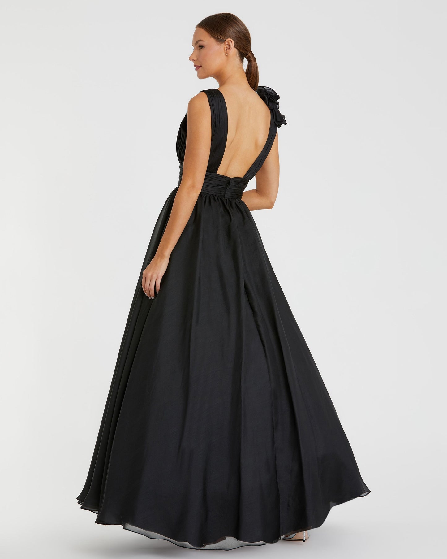 Petite Black Ruffle Shoulder V-Neck Chiffon Gown Mac Duggal