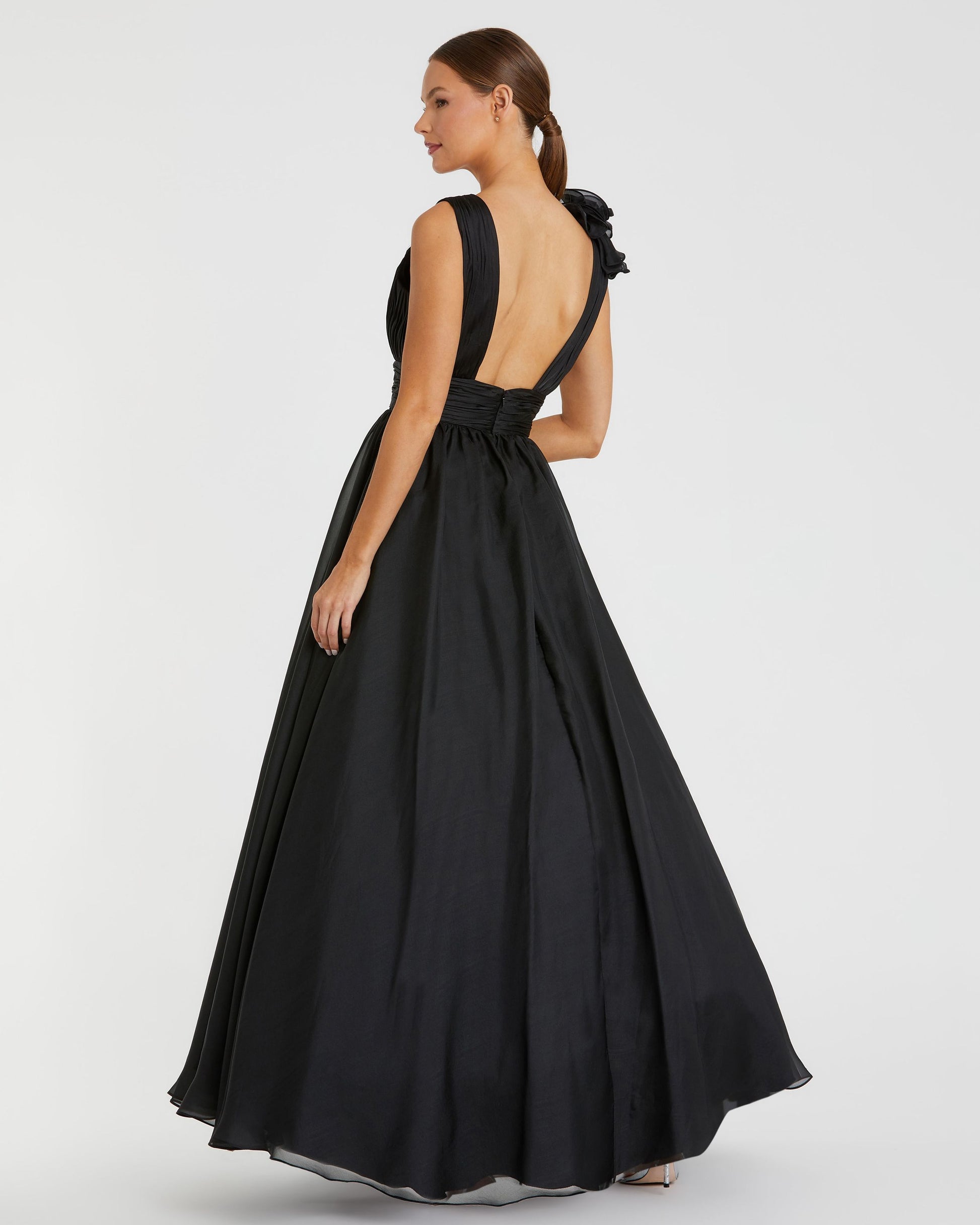 Petite Black Ruffle Shoulder V-Neck Chiffon Gown Mac Duggal