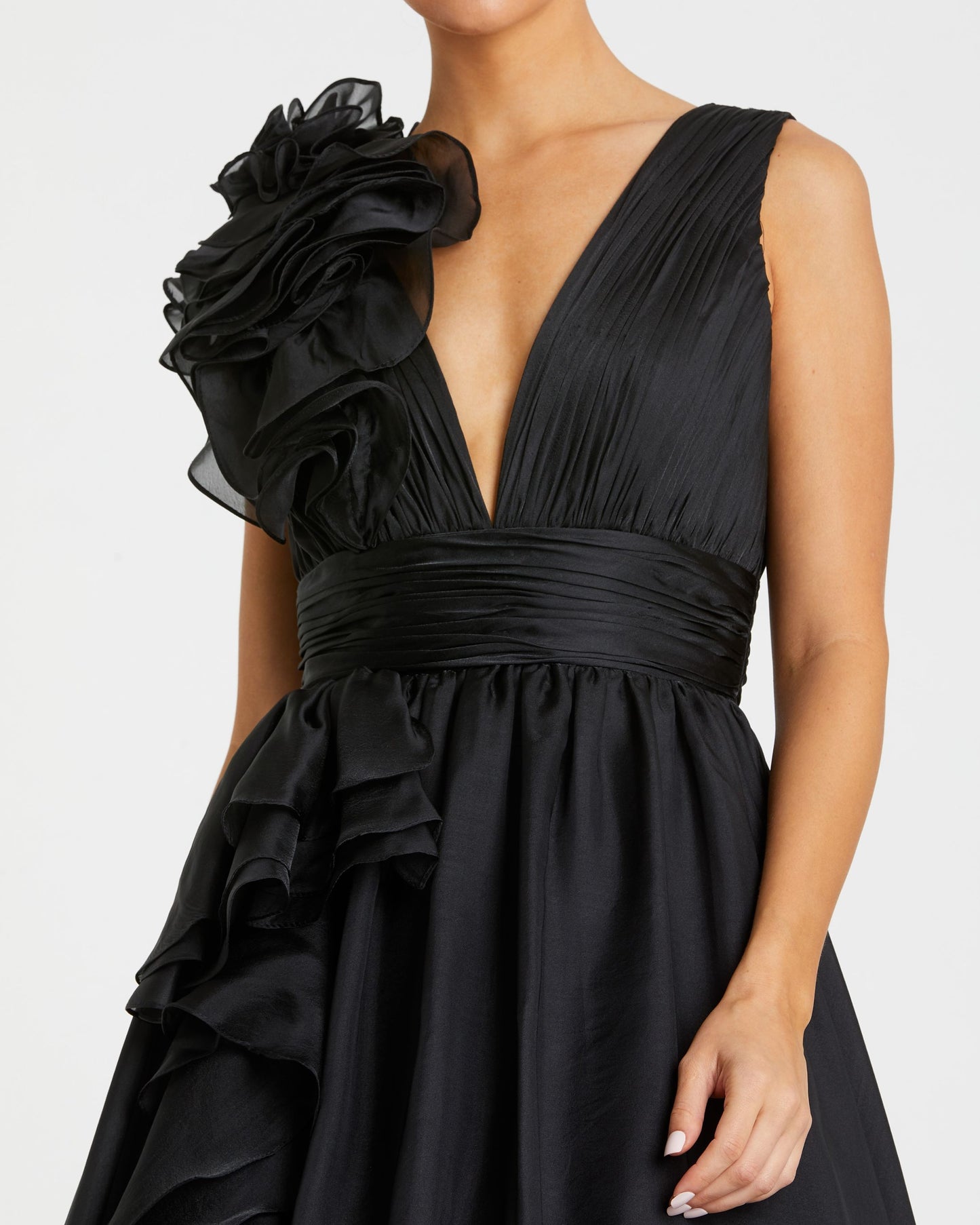 Petite Black Ruffle Shoulder V-Neck Chiffon Gown Mac Duggal